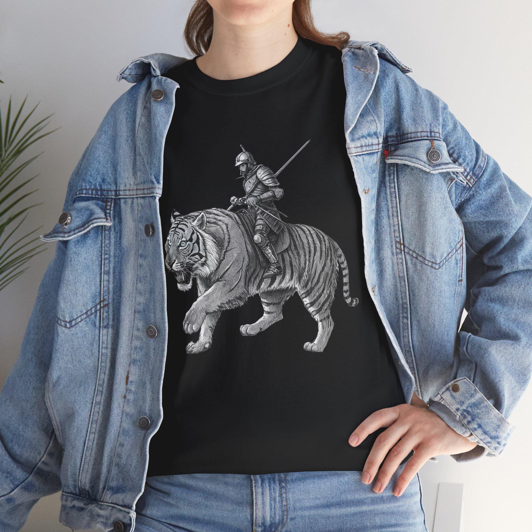 Fantasy Tiger Knight Graphic Tee: Medieval Rider Design