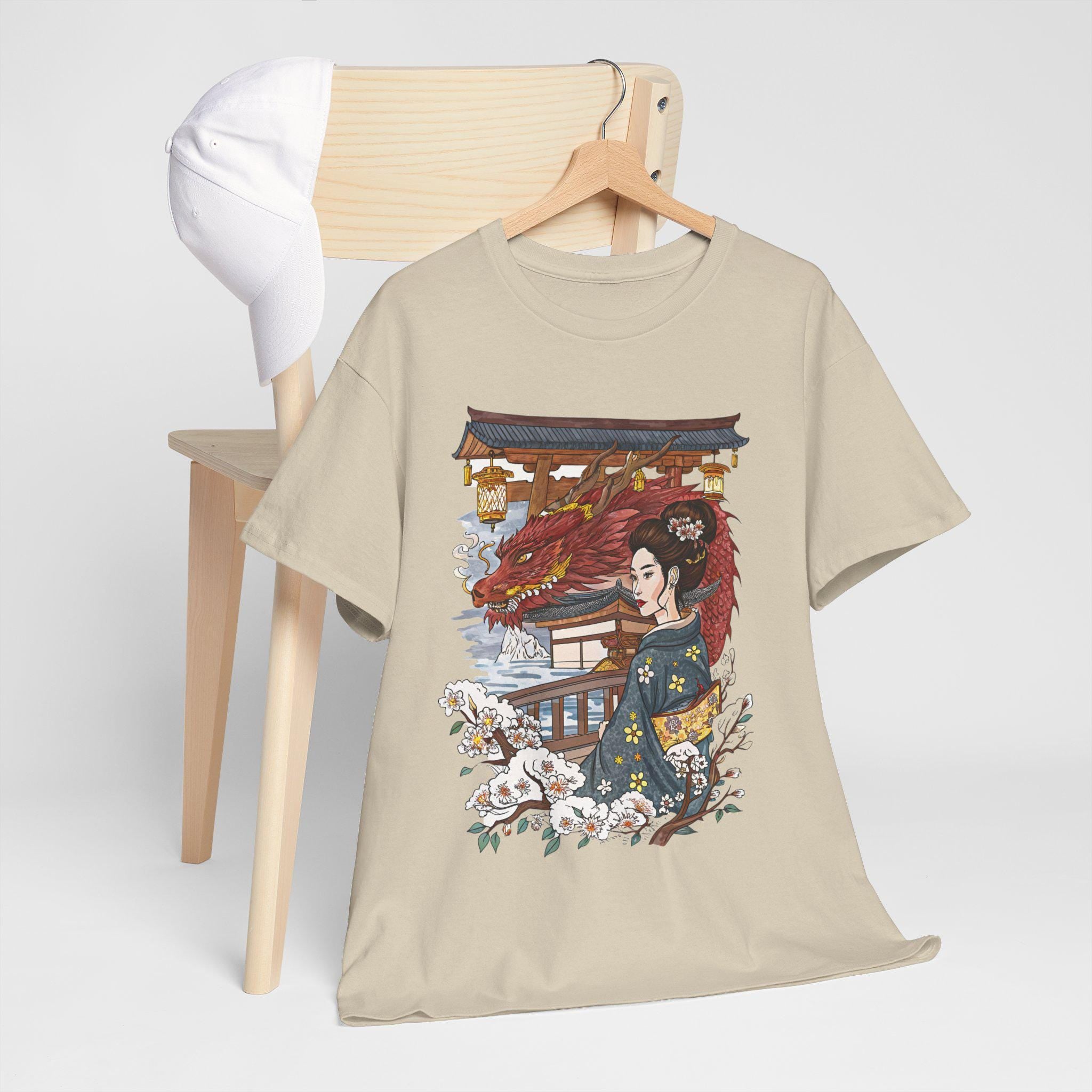 Japanese Woman and Dragon Graphic Tee: Fantasy Art Shirt