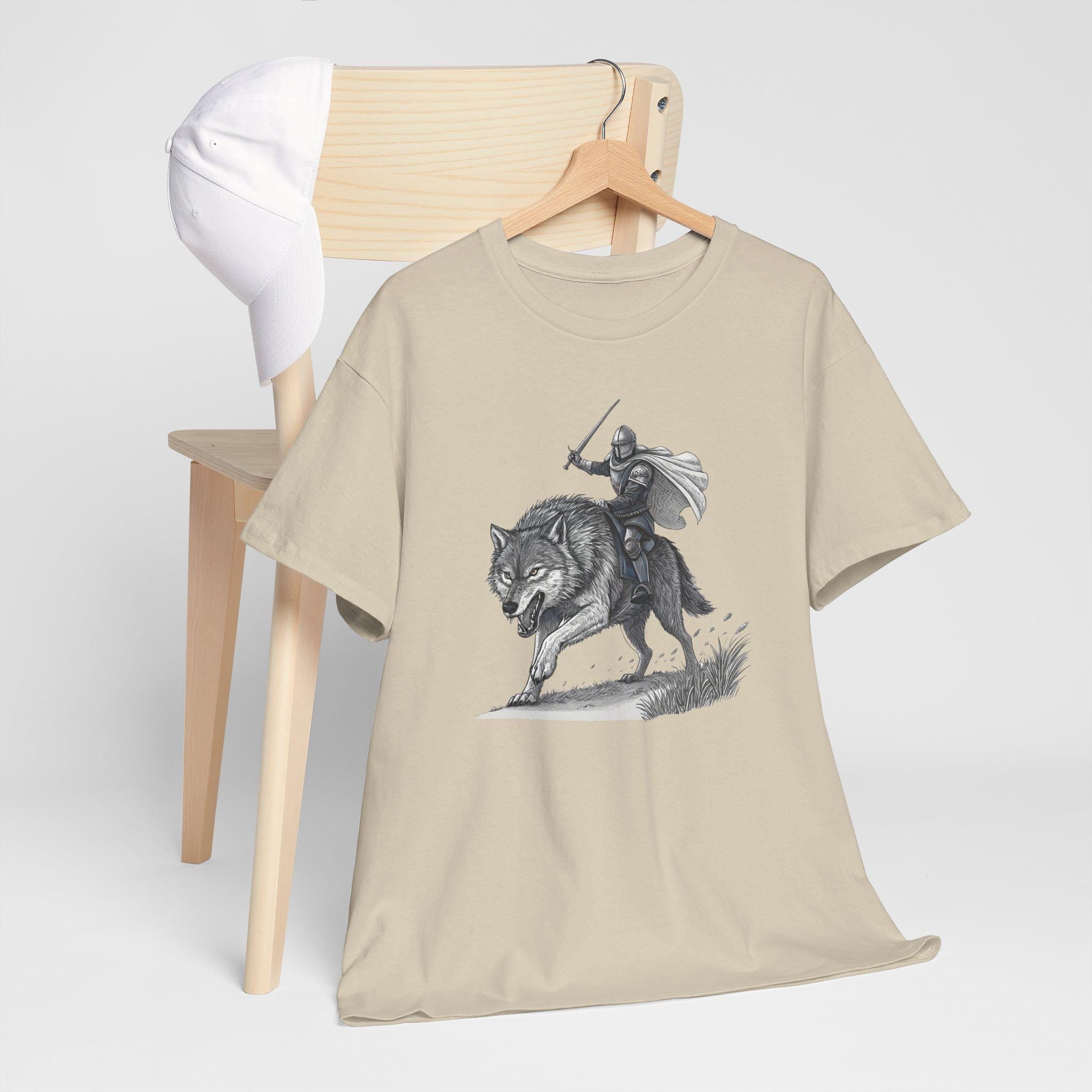 Knight Riding Wolf Graphic Tee: Medieval Fantasy Shirt