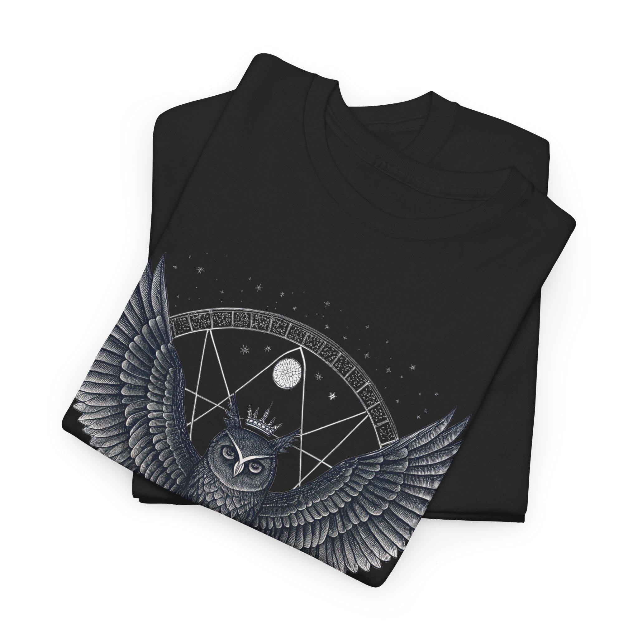 Crowned Owl Graphic T-Shirt: Fantasy Bird Design, White Ink Print