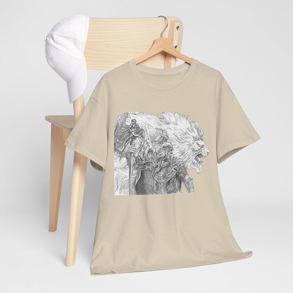 Elden Ring Lion Warrior Graphic Tee: Medieval Fantasy Hand-Drawn Design