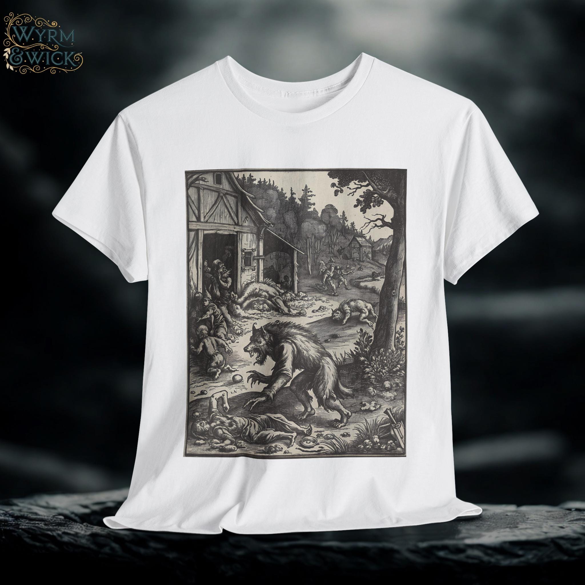 Werewolf Attack Graphic Tee, Medieval Fantasy, Unisex Cotton Shirt