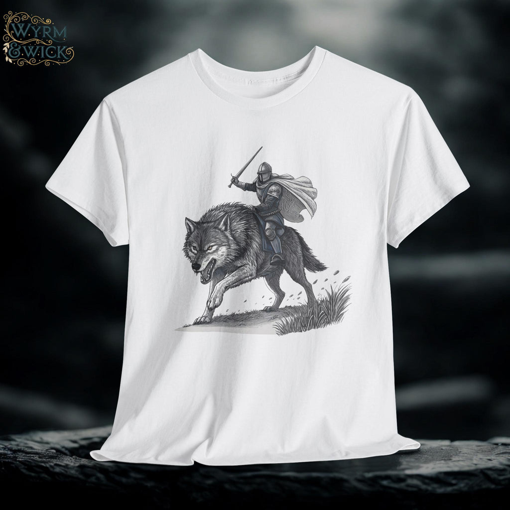 Knight Riding Wolf Graphic Tee: Medieval Fantasy Shirt