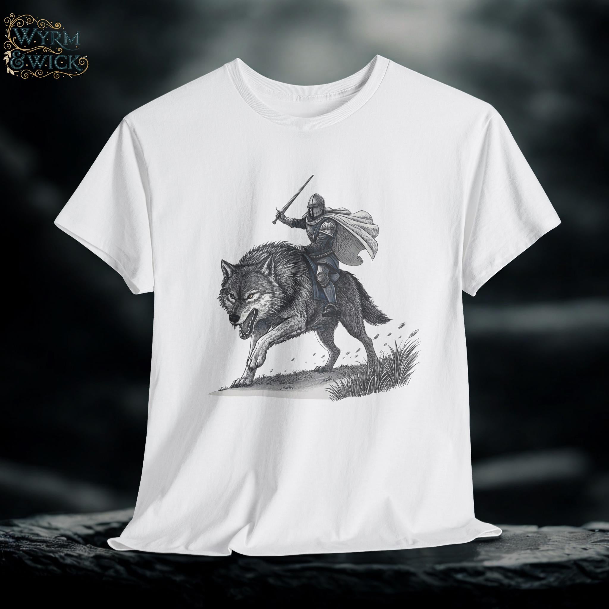 Knight Riding Wolf Graphic Tee: Medieval Fantasy Shirt
