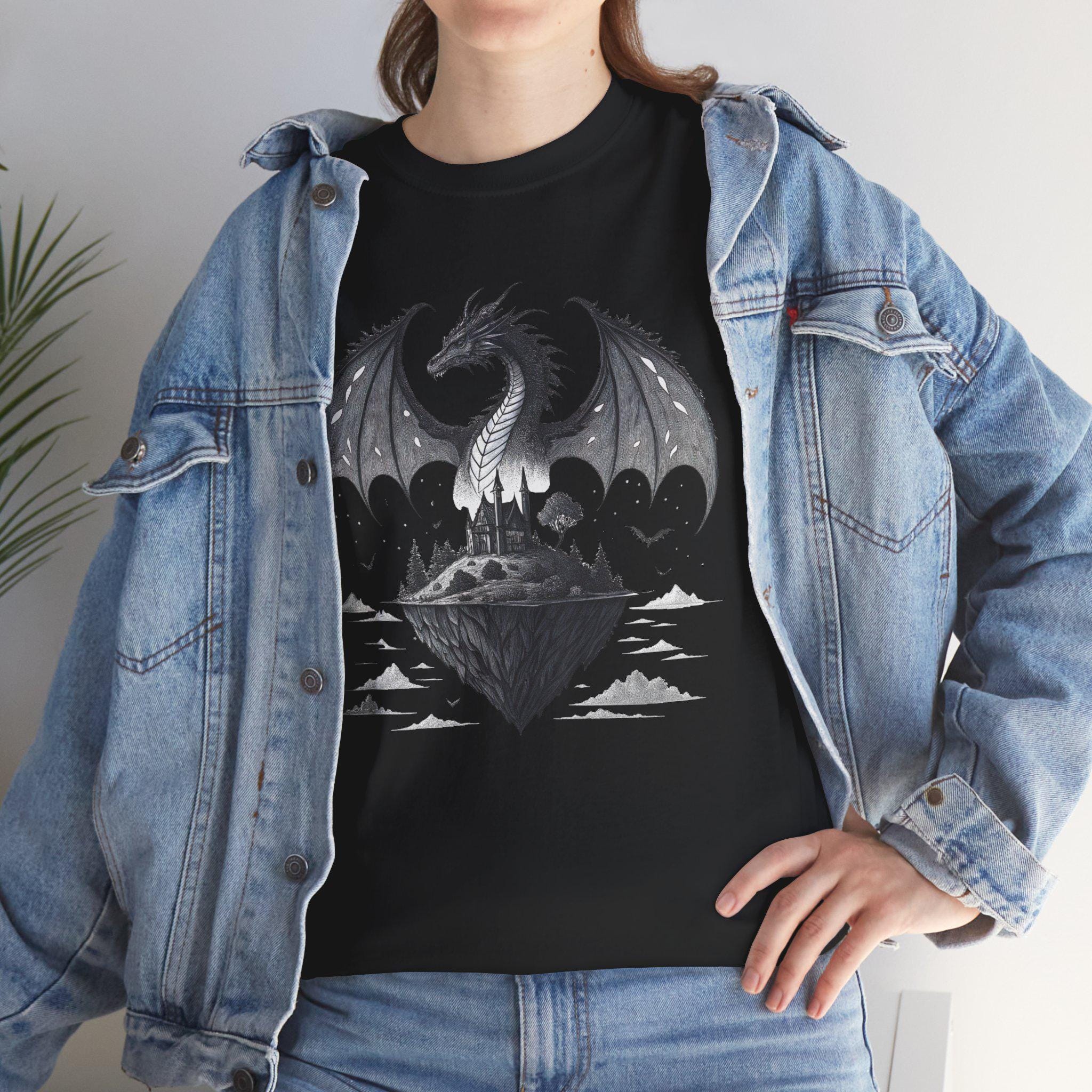 Gothic Dragon Graphic Tee: Hand-Drawn Fantasy Medieval Shirt