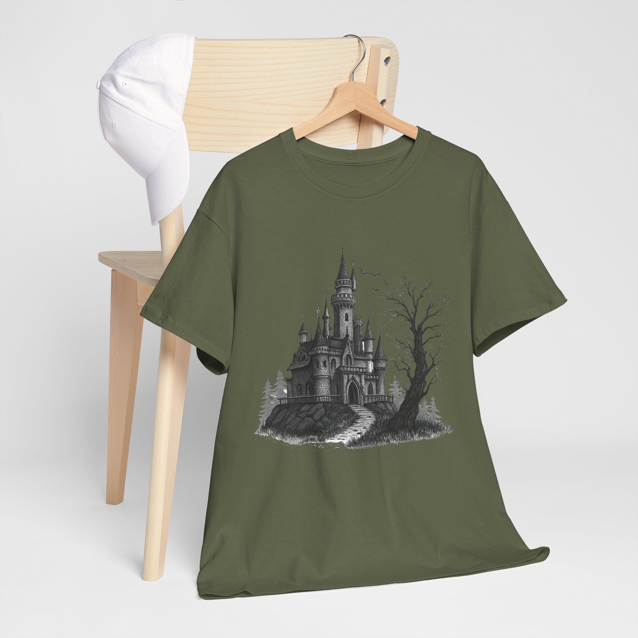 Gothic Castle Graphic Tee: Hand-Drawn Medieval Fantasy T-Shirt