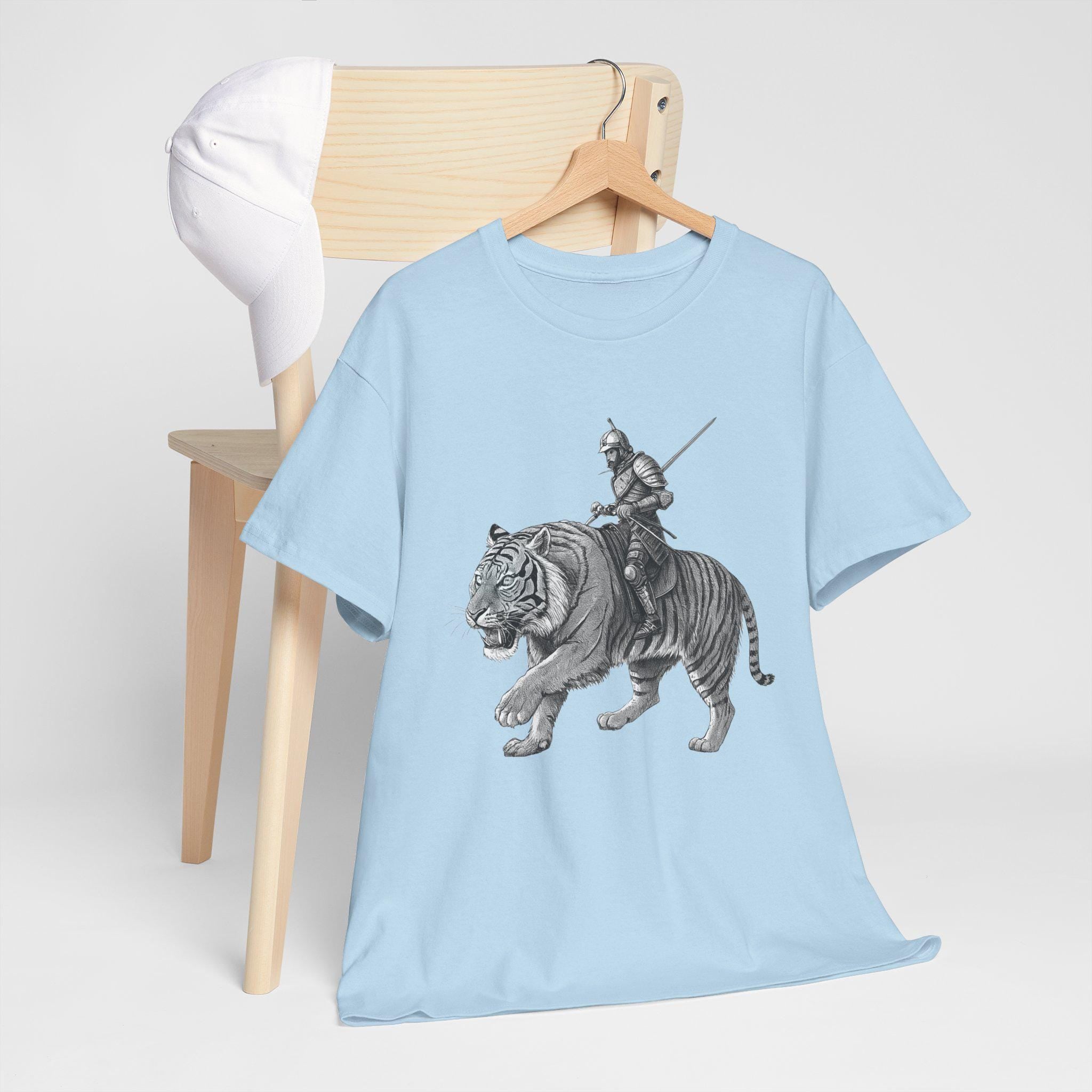 Fantasy Tiger Knight Graphic Tee: Medieval Rider Design