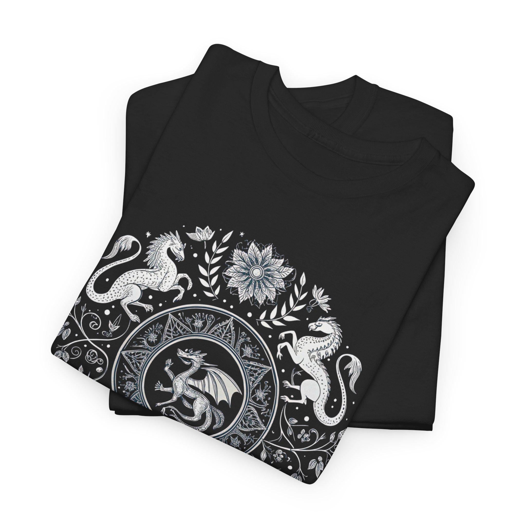 Mythical Creatures Graphic Tee: White Ink Fantasy Shirt