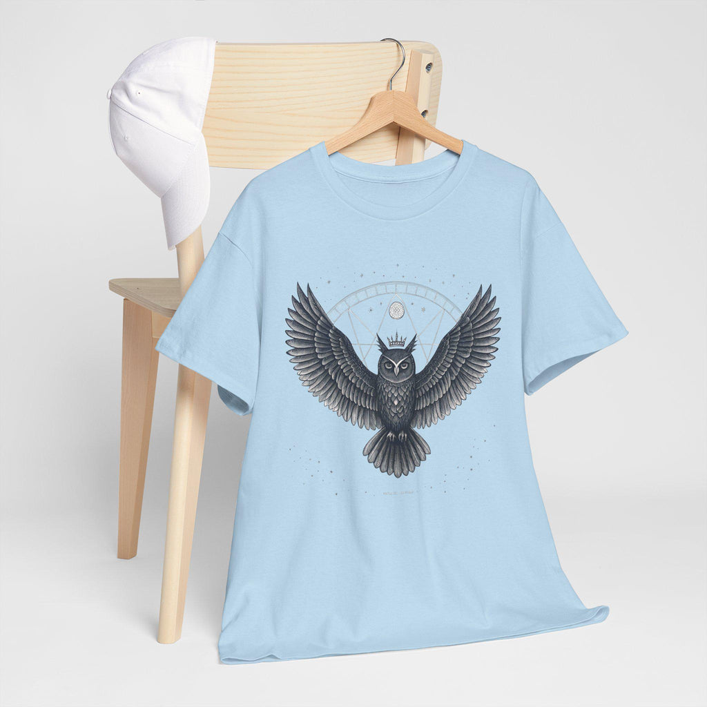 Crowned Owl Graphic T-Shirt: Fantasy Bird Design, White Ink Print