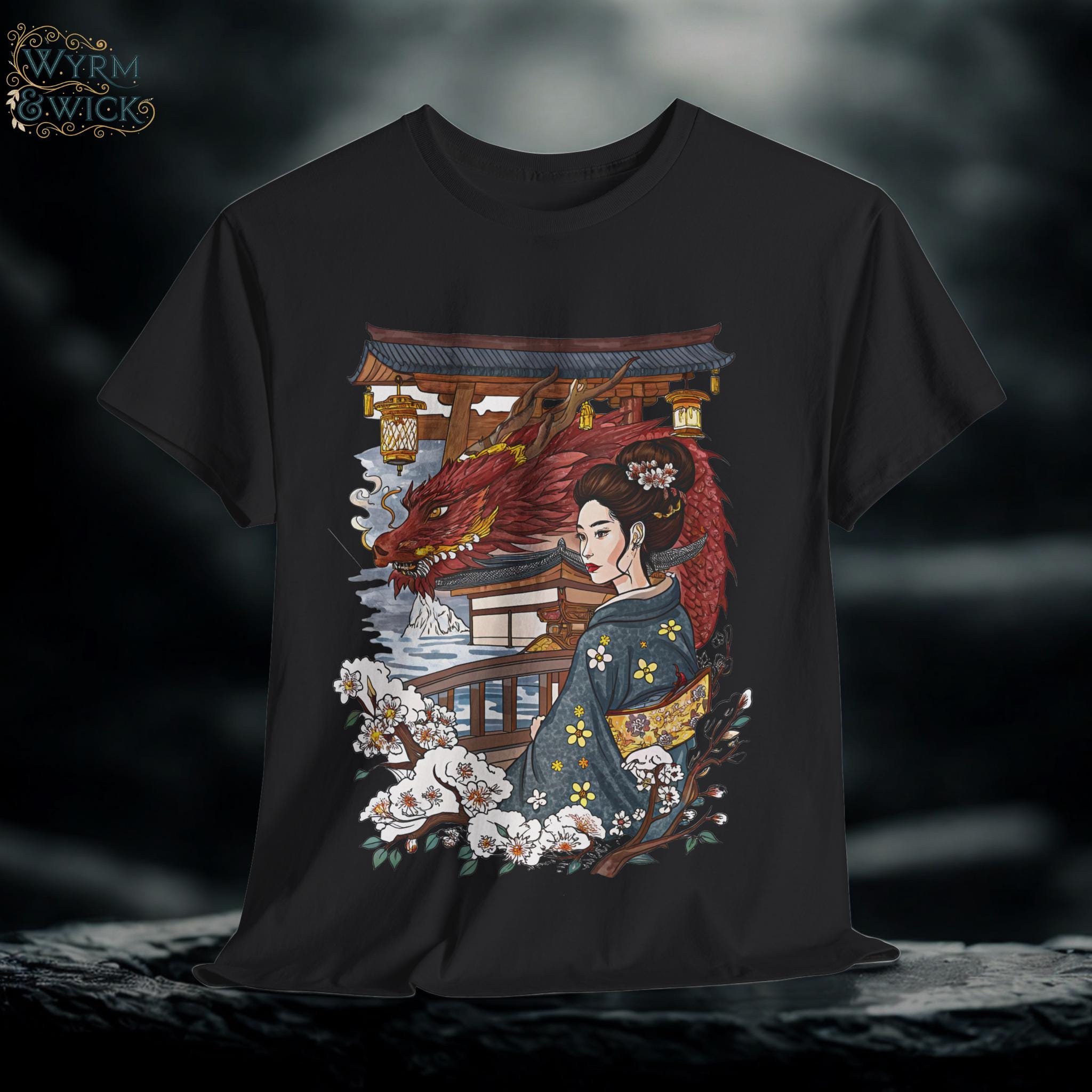 Japanese Woman and Dragon Graphic Tee: Fantasy Art Shirt