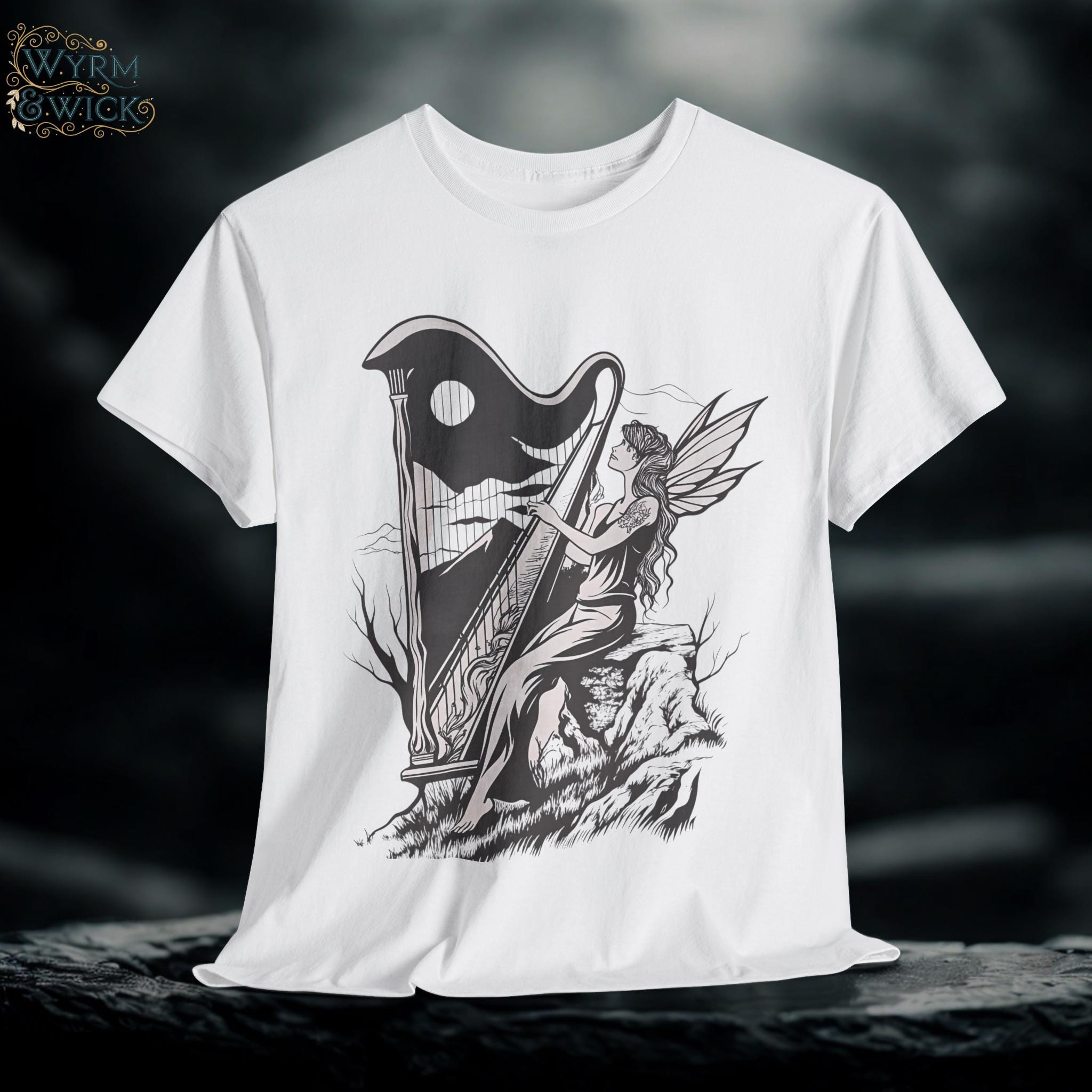 Angelic Fairy Harpist Graphic Tee: Vintage Gothic Fantasy Shirt