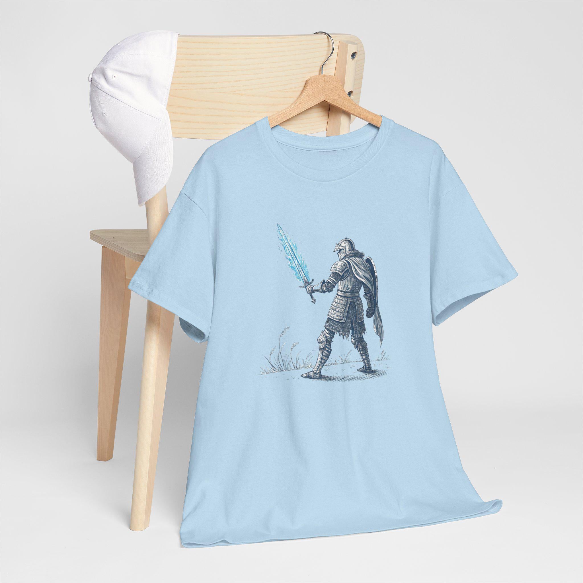 Armored Knight Blue Flame Sword Graphic Tee: Fantasy Warrior Unisex Shirt