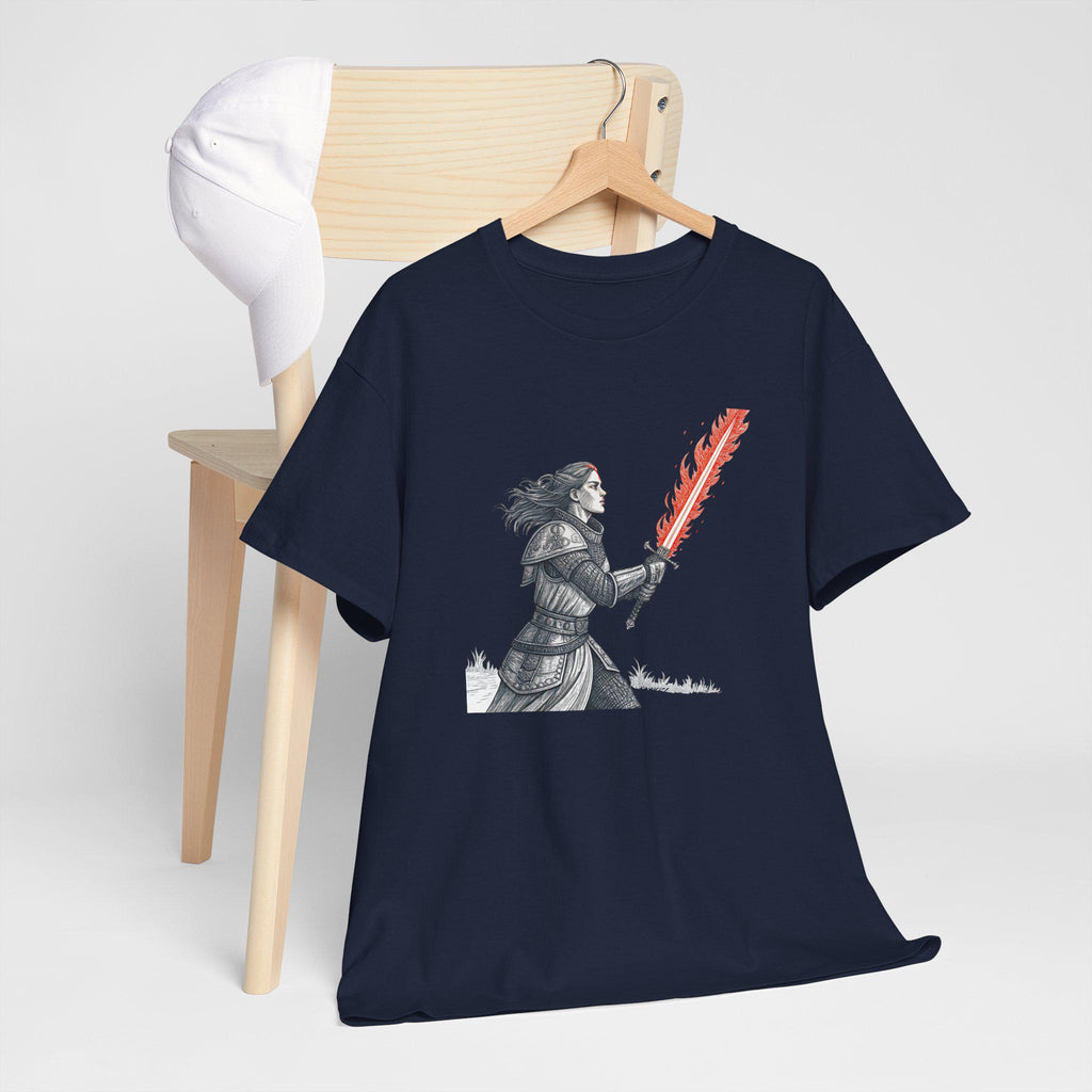 Female Knight Graphic Tee: Medieval Red Flame Sword, Fantasy Warrior
