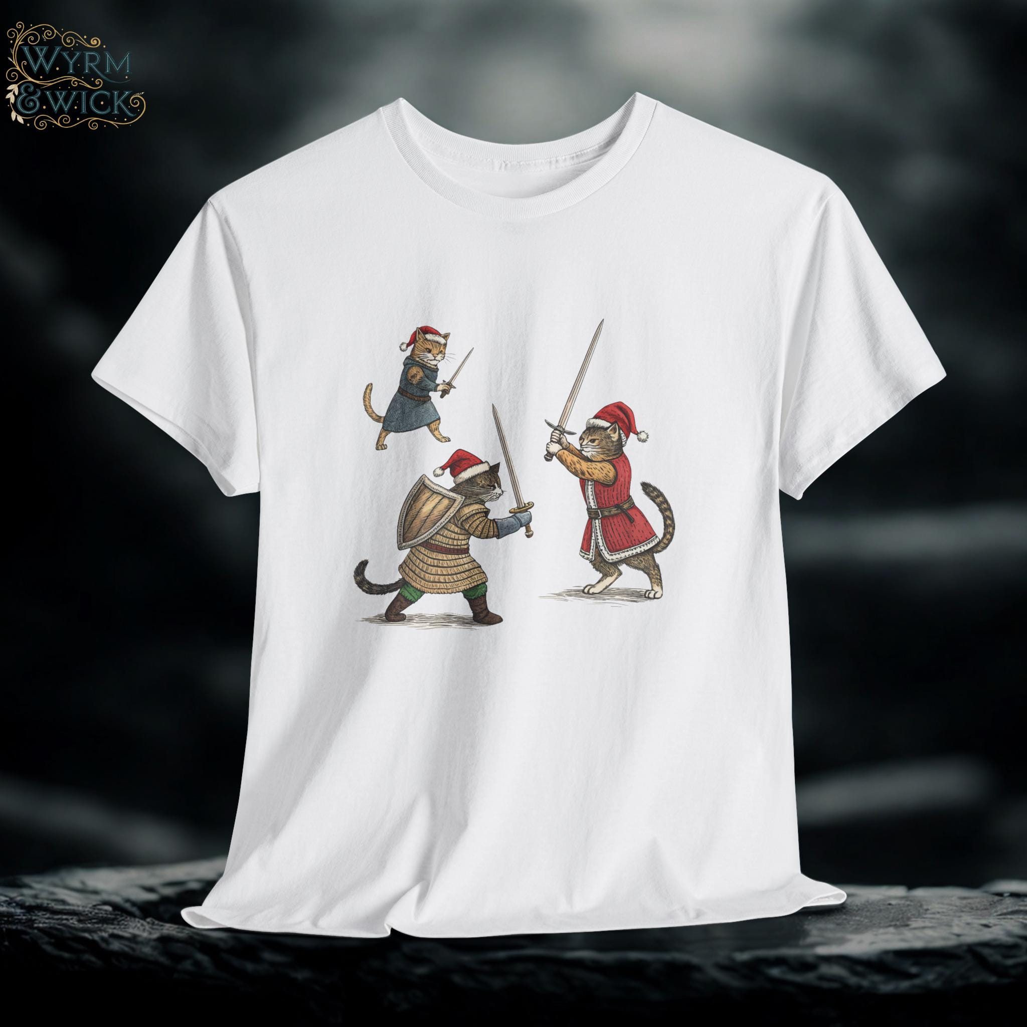 Christmas Medieval Cats Graphic Tee, Holiday Feline Shirt
