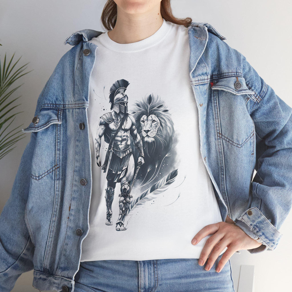 Spartan & Lion Tattoo Tee: Ethereal White Ink, Greek Mythology Shirt
