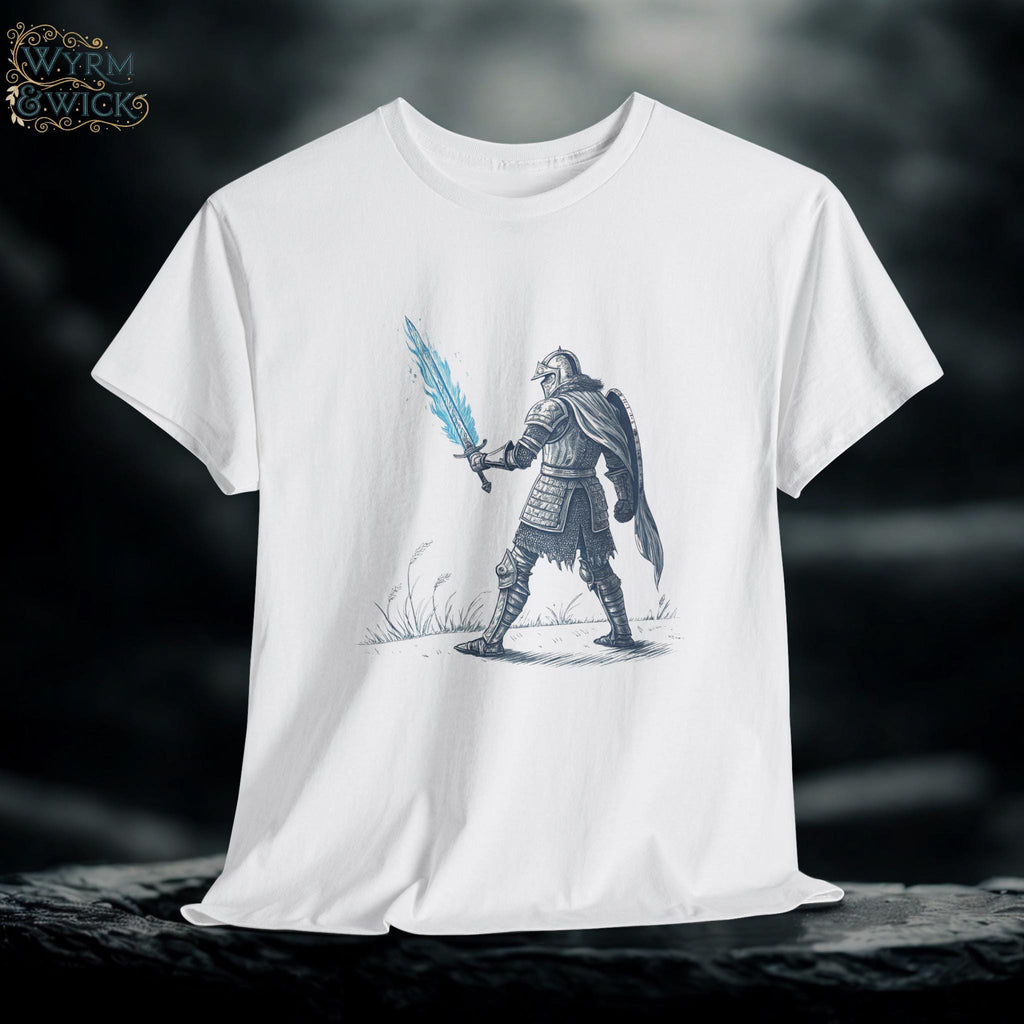 Armored Knight Blue Flame Sword Graphic Tee: Fantasy Warrior Unisex Shirt