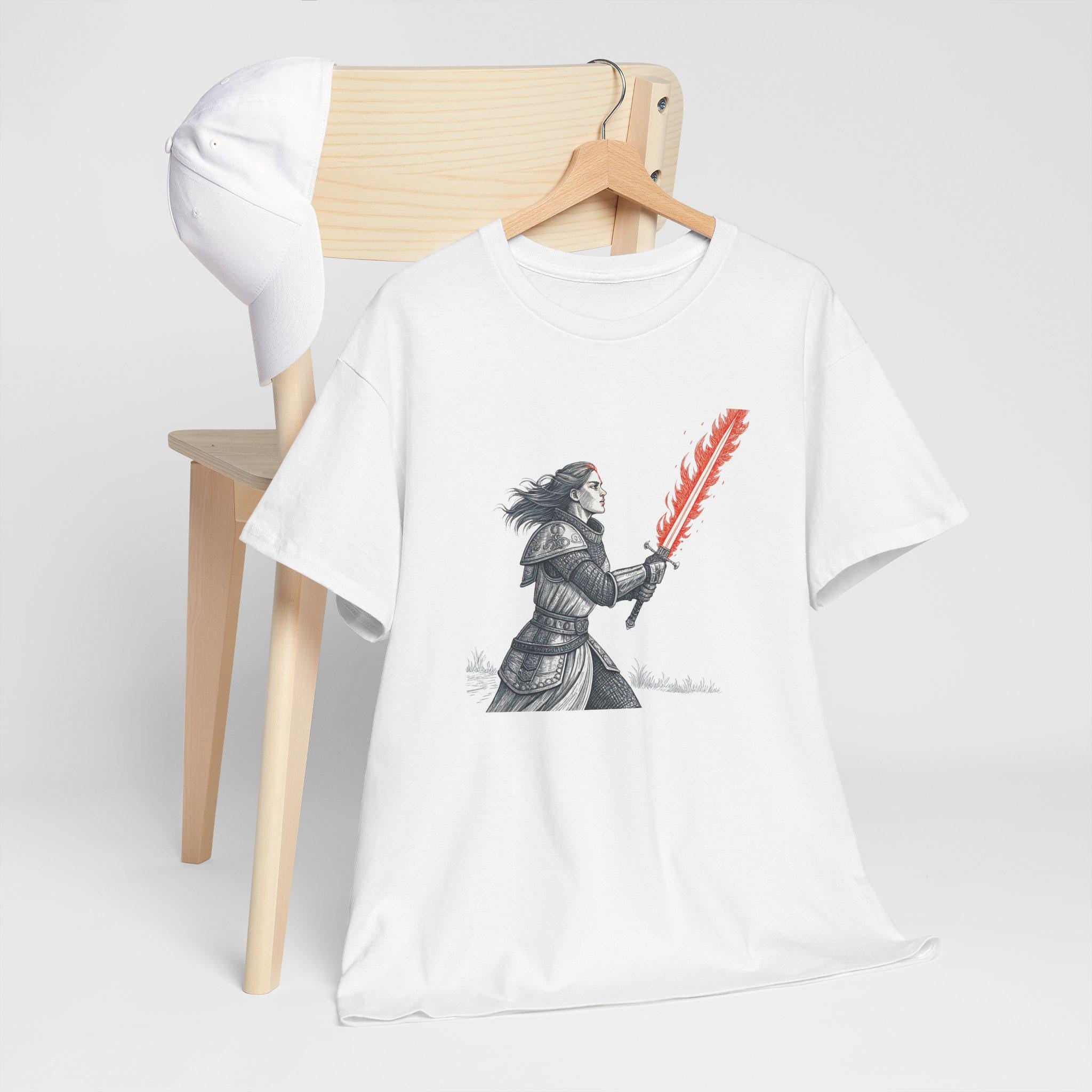 Female Knight Graphic Tee: Medieval Red Flame Sword, Fantasy Warrior