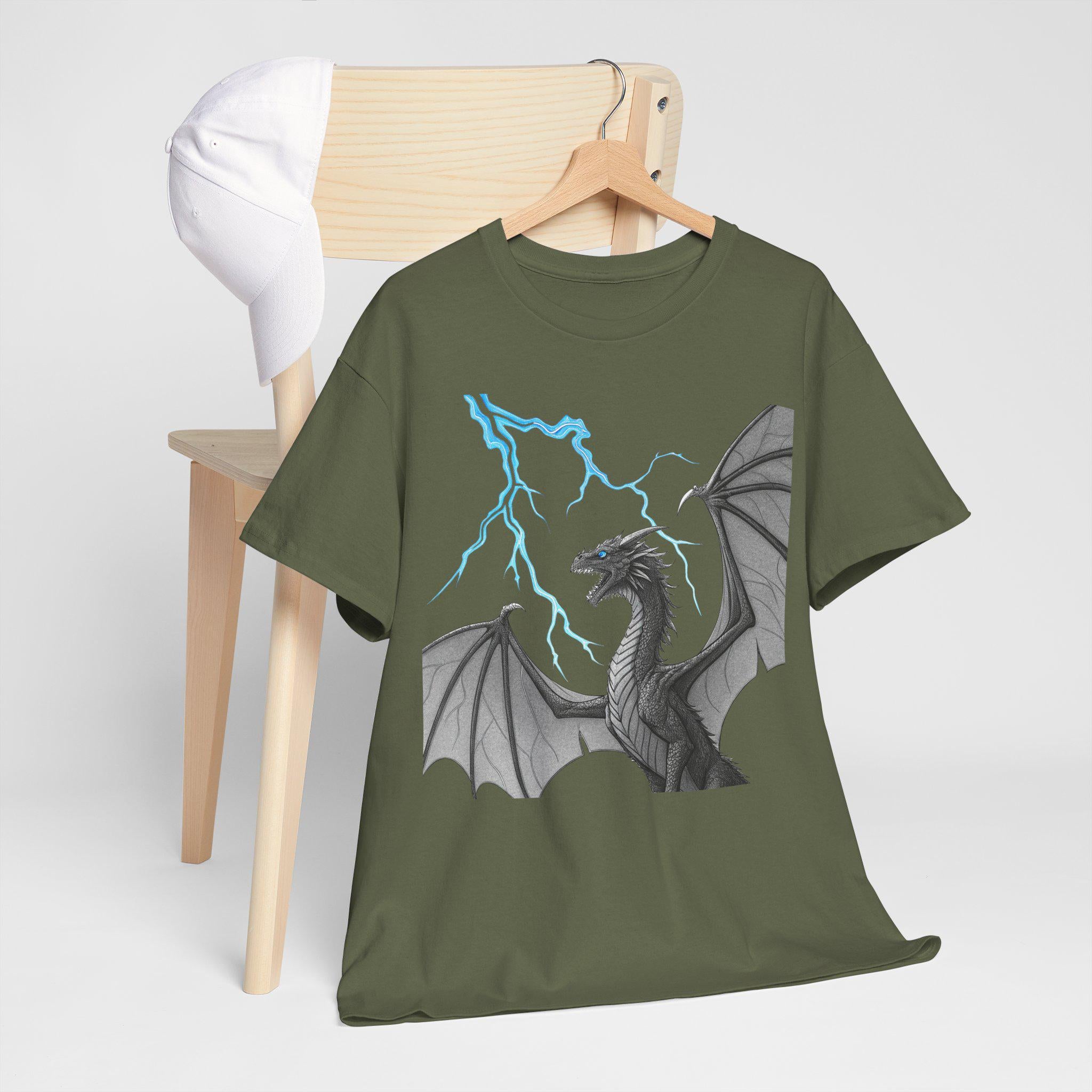 Dragon Lightning Graphic Tee: Hand-Drawn Fantasy Art, Unisex T-Shirt