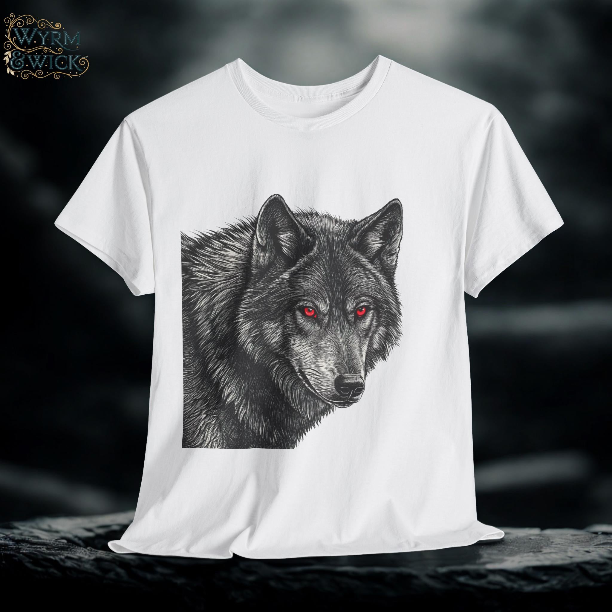 Gothic Wolf Graphic Tee: Hand-Drawn Red Eyes Fantasy Shirt