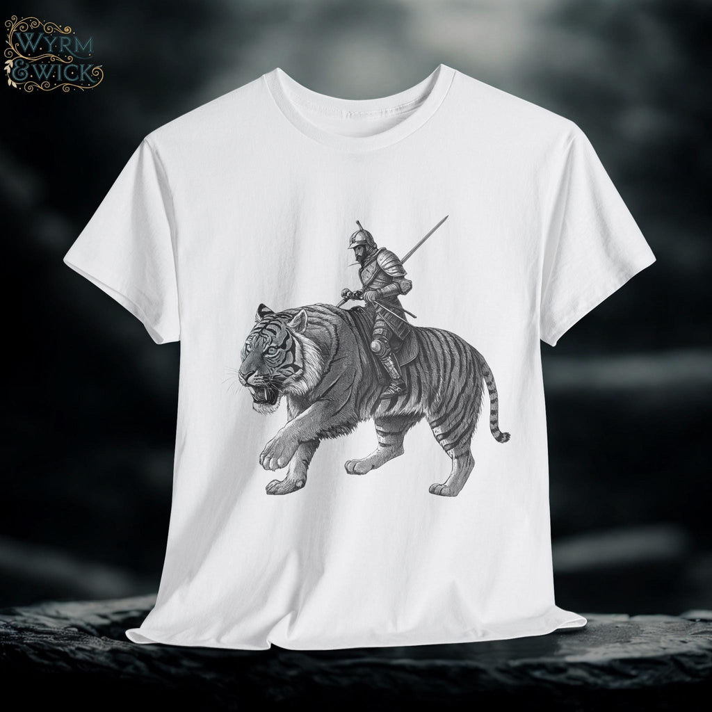 Fantasy Tiger Knight Graphic Tee: Medieval Rider Design