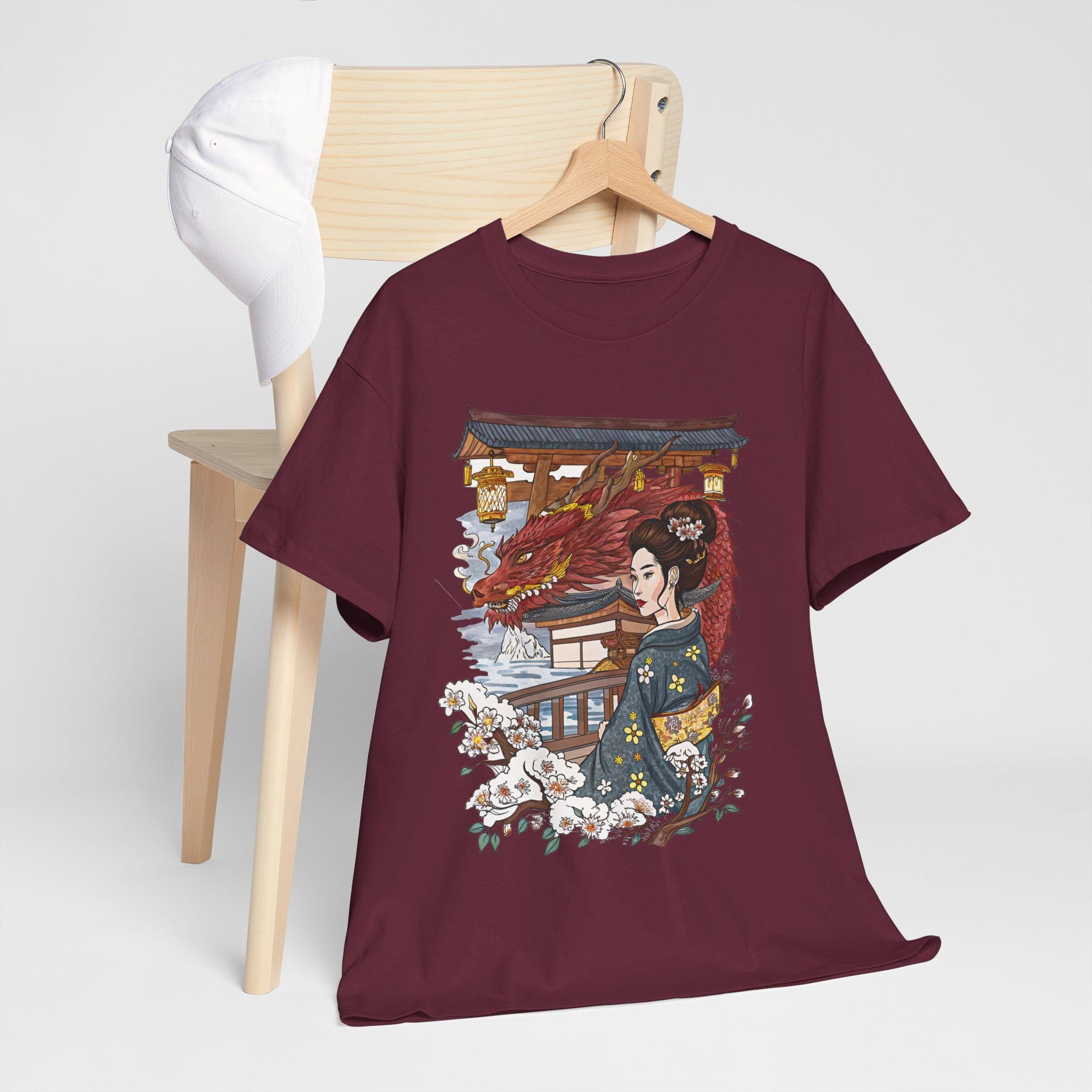 Japanese Woman and Dragon Graphic Tee: Fantasy Art Shirt