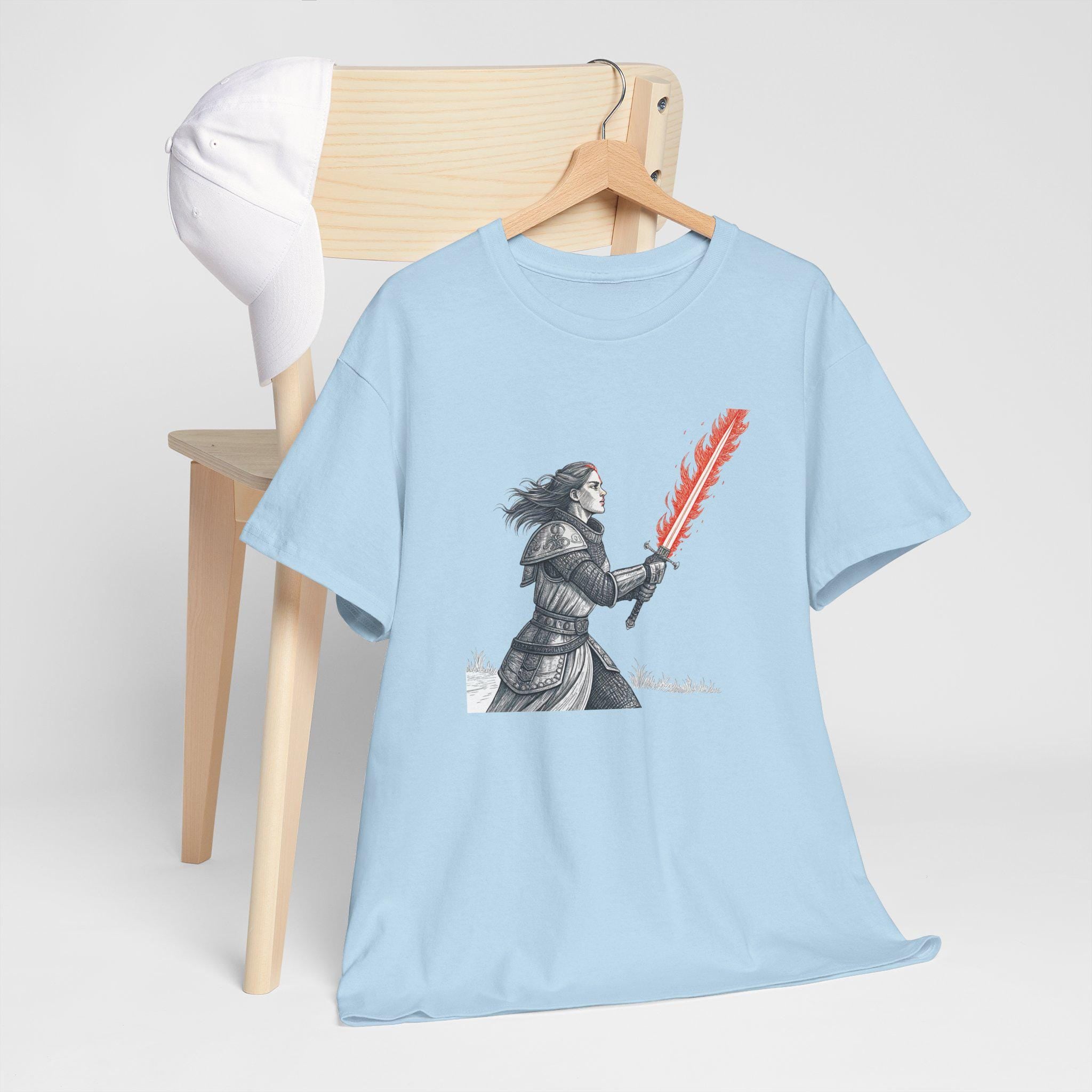 Female Knight Graphic Tee: Medieval Red Flame Sword, Fantasy Warrior
