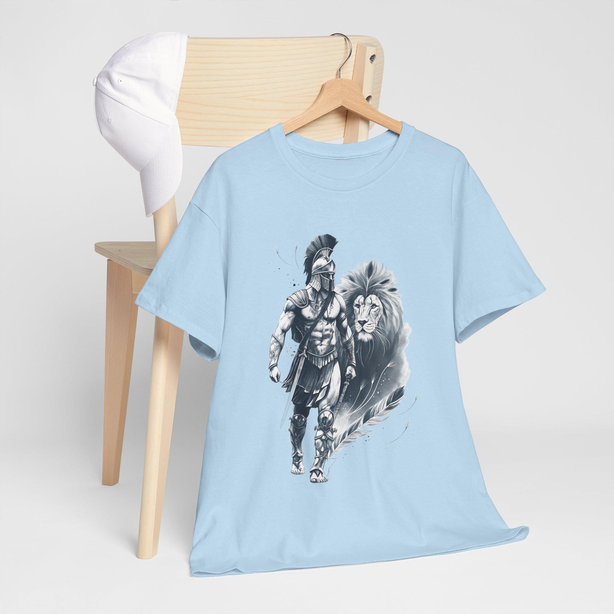 Spartan & Lion Tattoo Tee: Ethereal White Ink, Greek Mythology Shirt