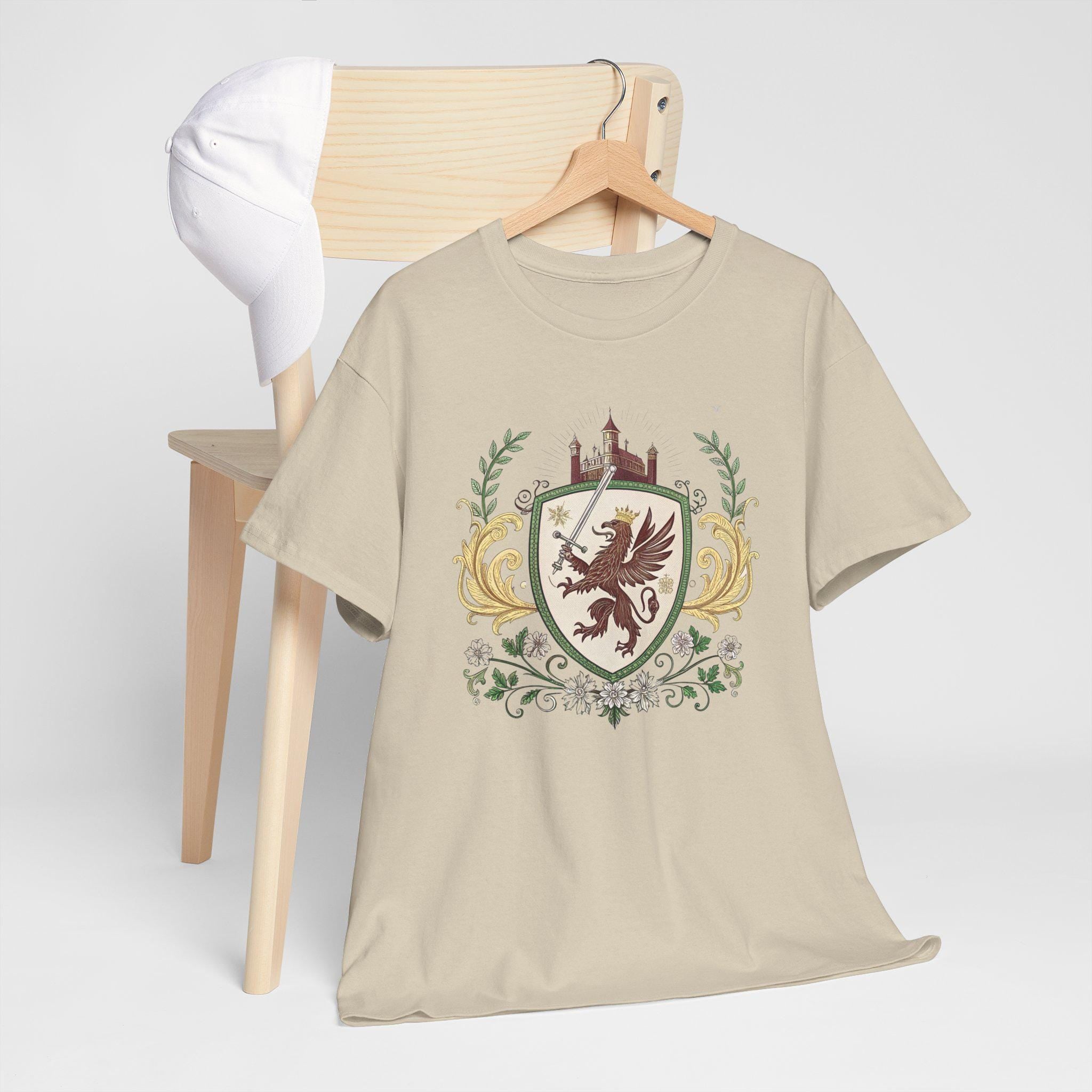 Medieval Griffin Graphic Tee: Fantasy Castlecore Emblem, Unisex Cotton Shirt