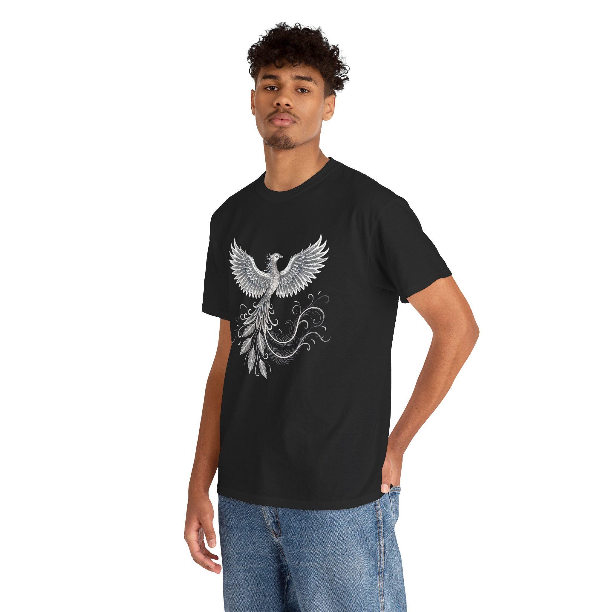 Gothic Phoenix Graphic Tee: White Ink Fantasy Bird Shirt