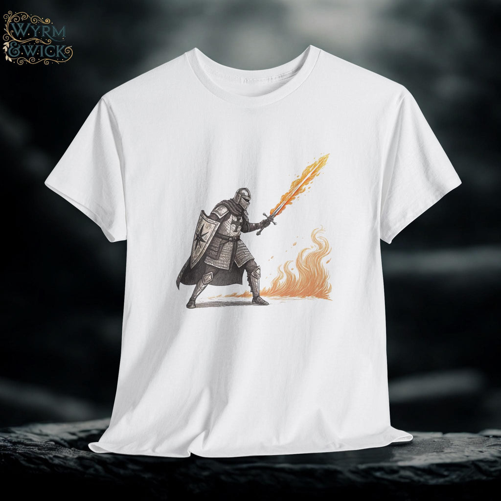 Flaming Sword Knight Graphic Tee: Medieval Armor Warrior Shirt