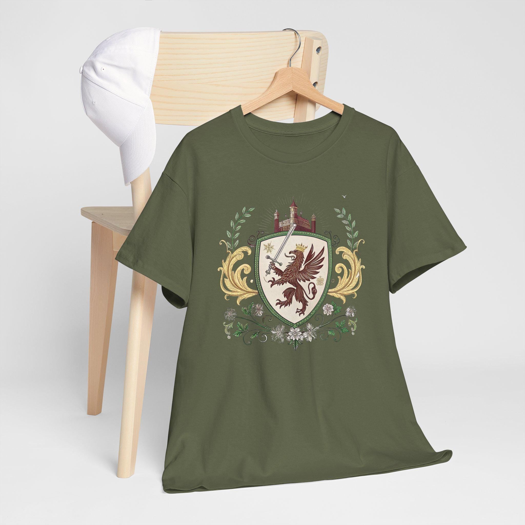 Medieval Griffin Graphic Tee: Fantasy Castlecore Emblem, Unisex Cotton Shirt