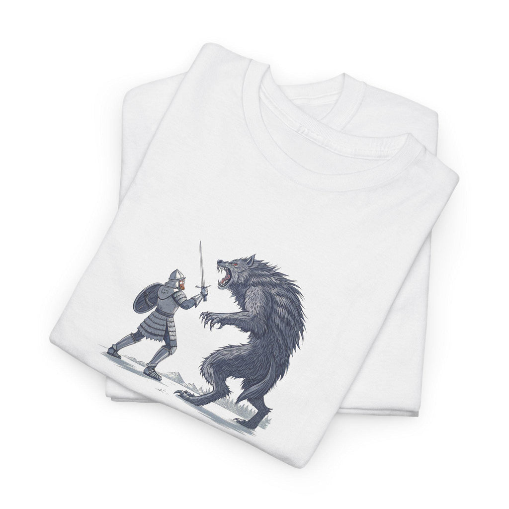 Mythical Knight and Werewolf Graphic Tee: Medieval Fantasy Cotton T-Shirt