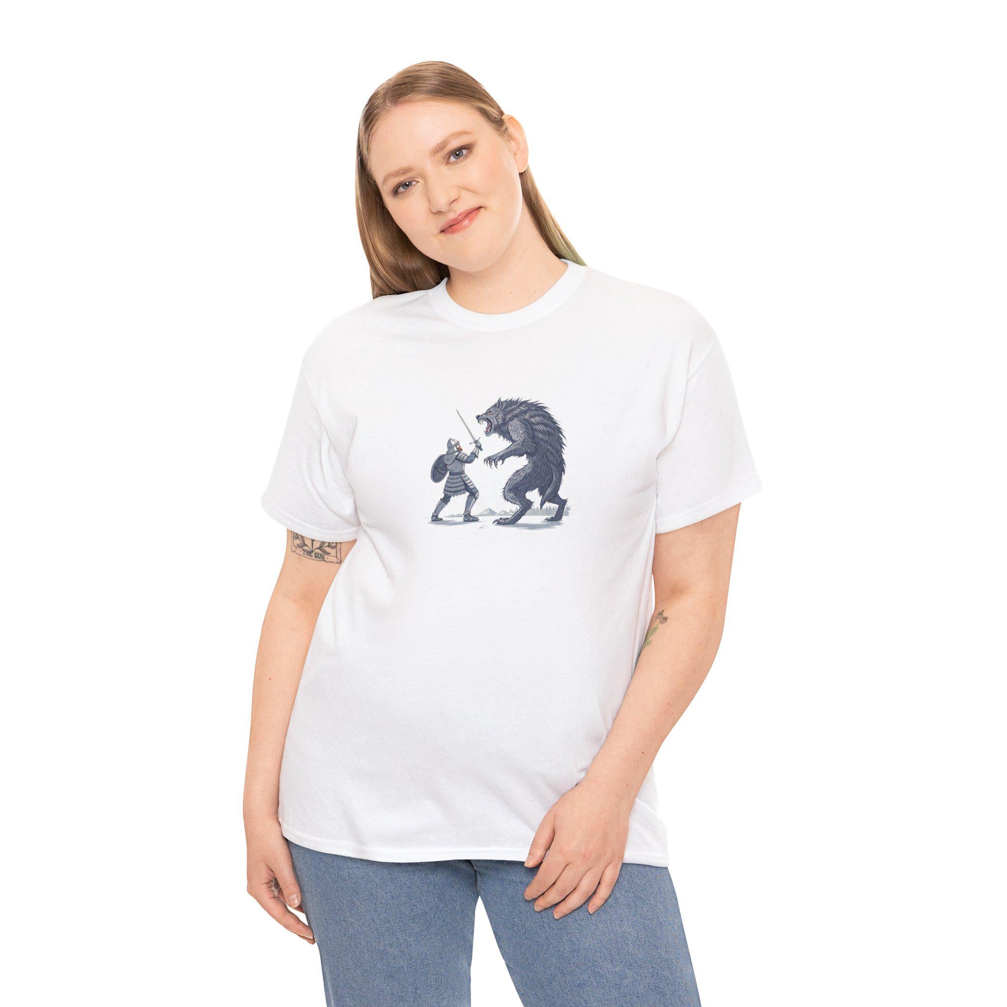 Mythical Knight and Werewolf Graphic Tee: Medieval Fantasy Cotton T-Shirt