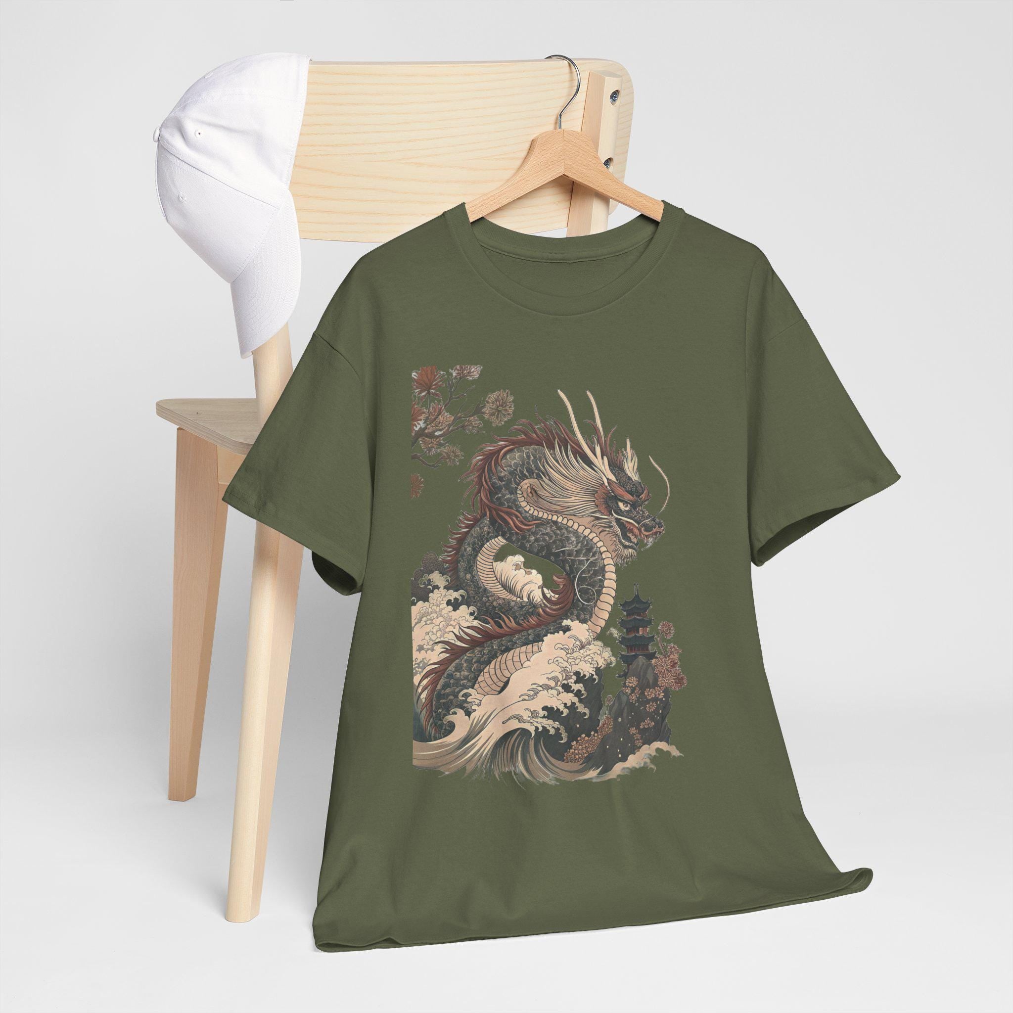 Vintage Japanese Dragon Graphic Tee: Mythical Fantasy Cotton Shirt