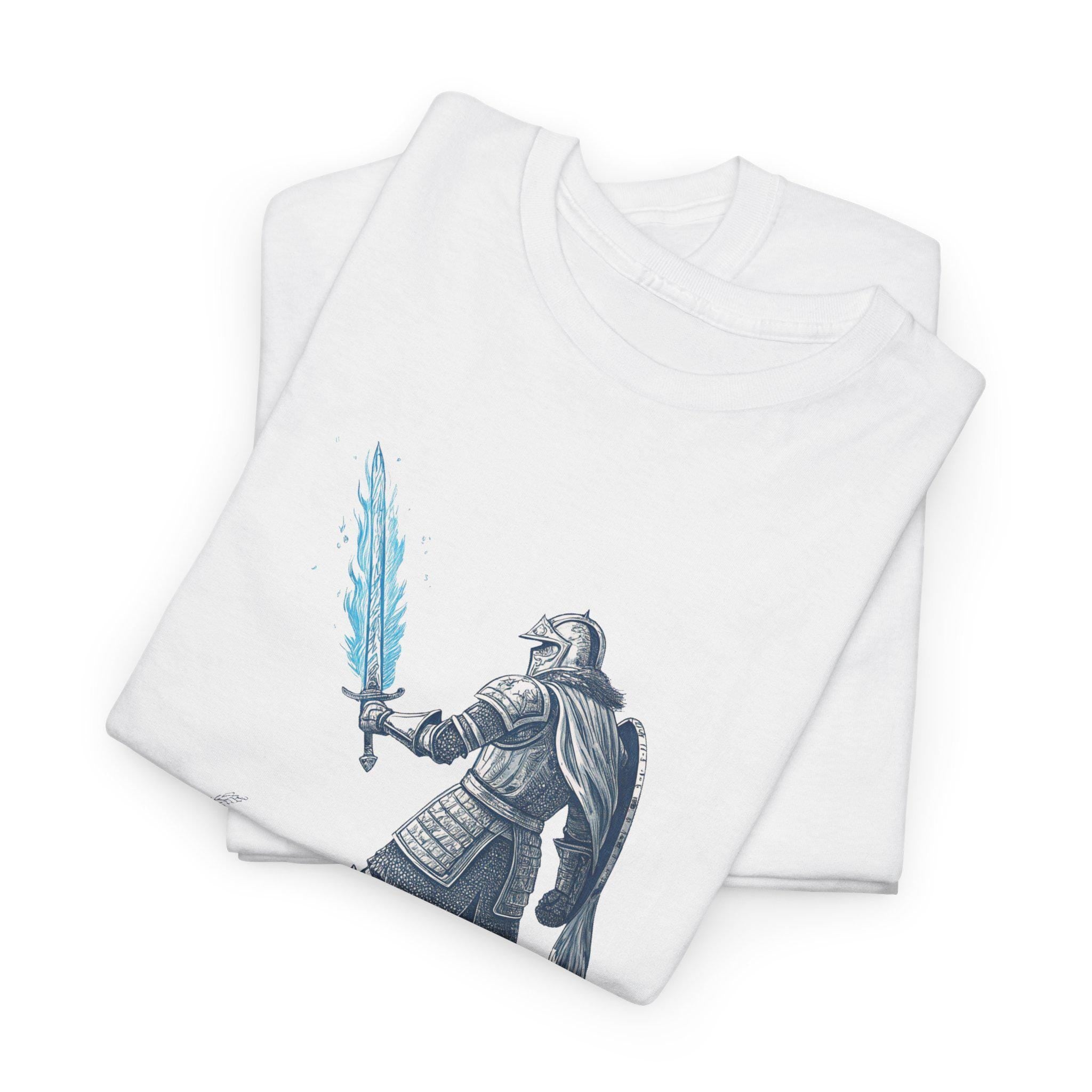 Armored Knight Blue Flame Sword Graphic Tee: Fantasy Warrior Unisex Shirt