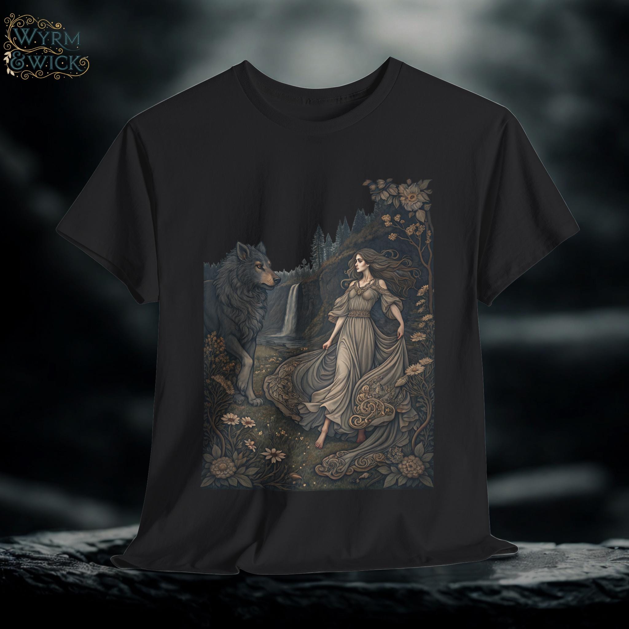 Fae Woman & Wolf Graphic Tee: Fantasy Medieval Shirt