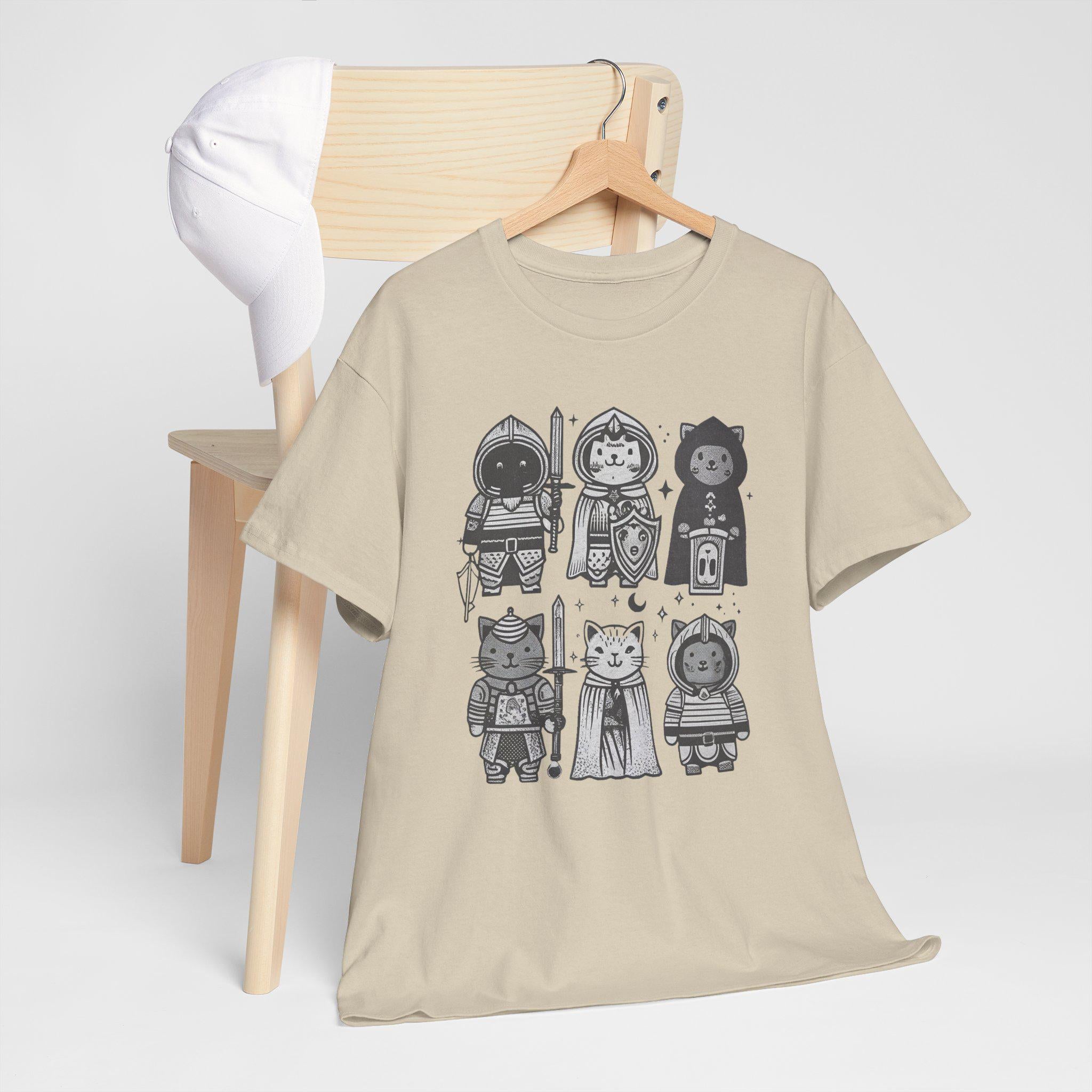 Medieval Cats Graphic Tee: Hand-Drawn Mystical Feline Shirt