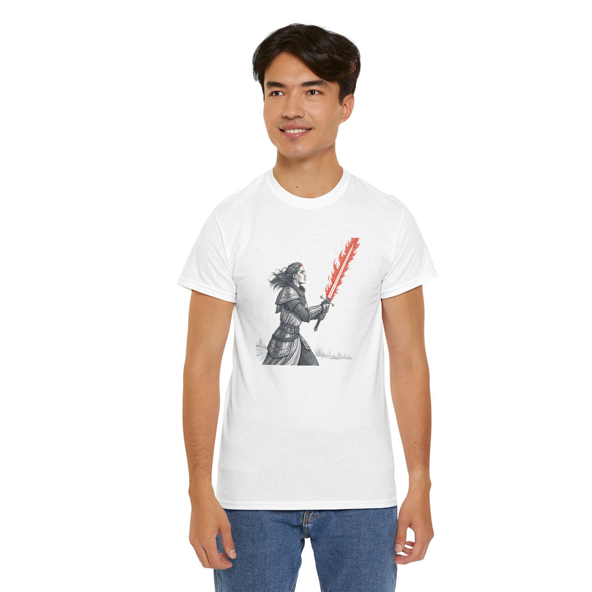 Female Knight Graphic Tee: Medieval Red Flame Sword, Fantasy Warrior