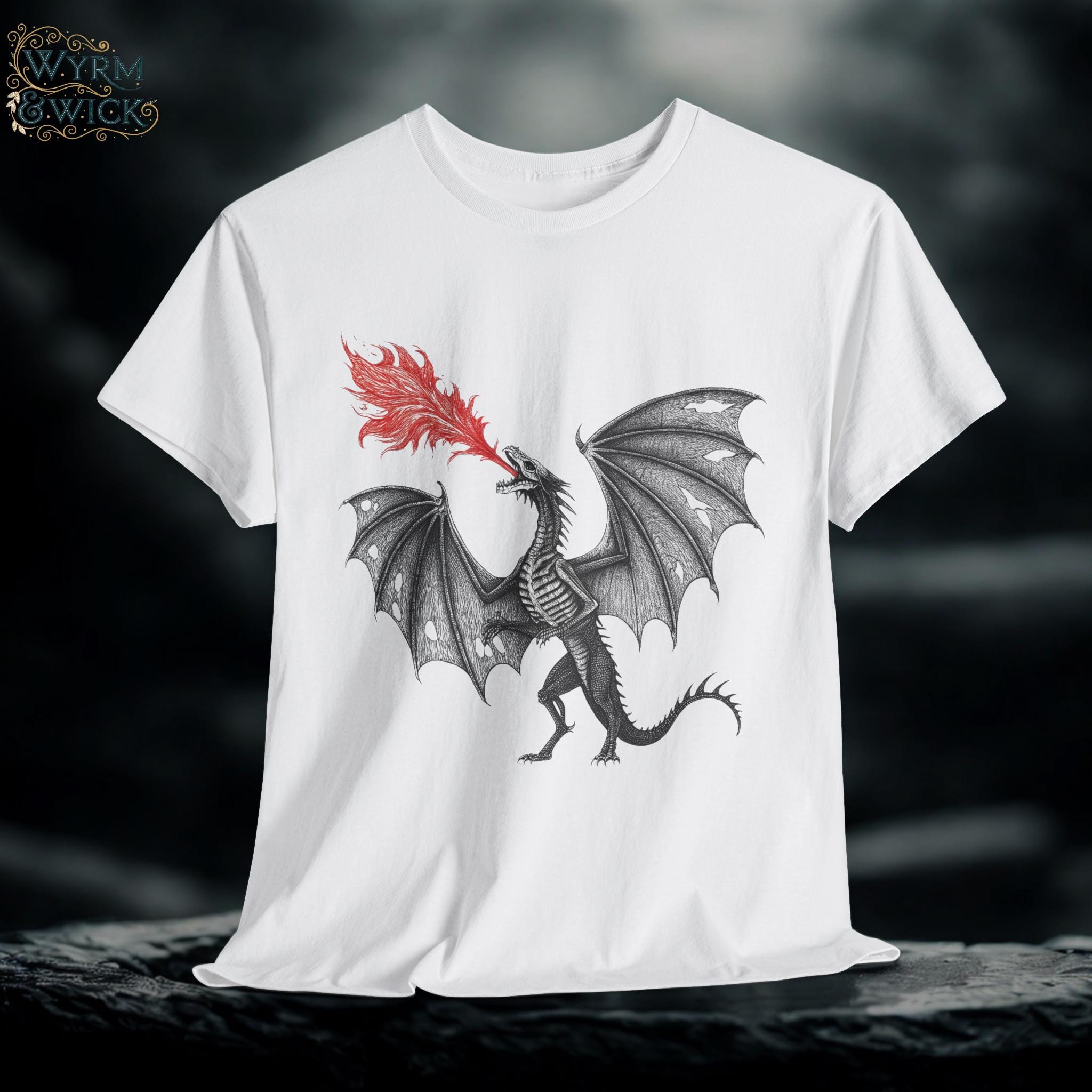 Skeleton Dragon Graphic Tee: Gothic Fantasy Cotton Shirt