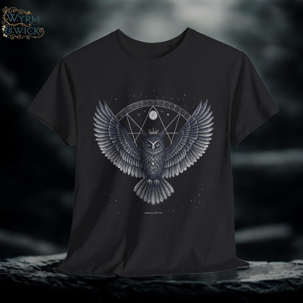 Crowned Owl Graphic T-Shirt: Fantasy Bird Design, White Ink Print