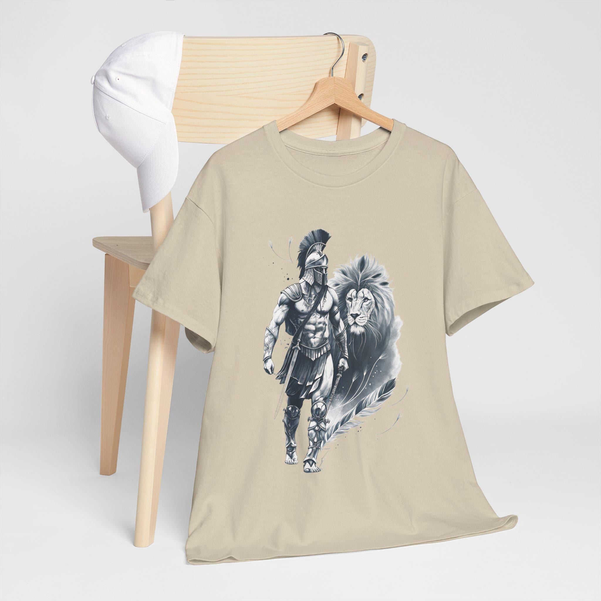 Spartan & Lion Tattoo Tee: Ethereal White Ink, Greek Mythology Shirt