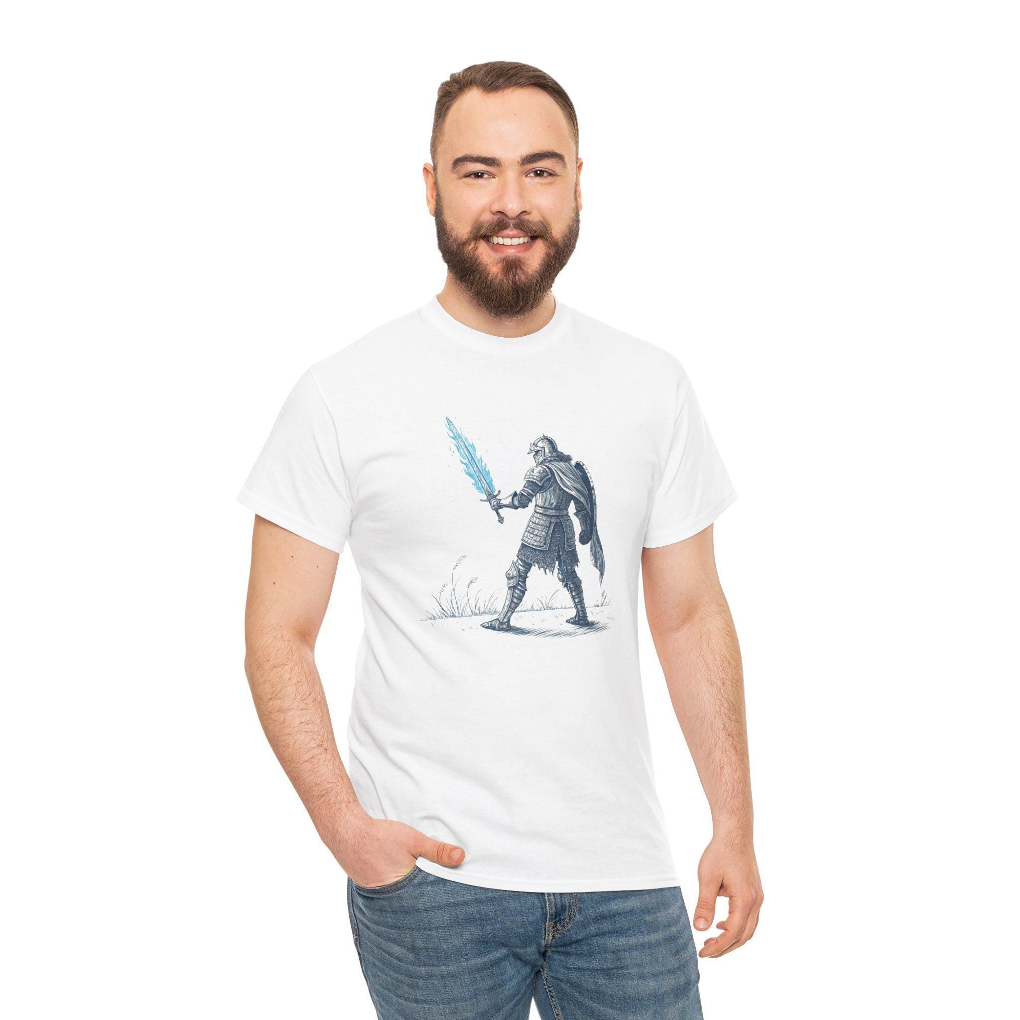 Armored Knight Blue Flame Sword Graphic Tee: Fantasy Warrior Unisex Shirt