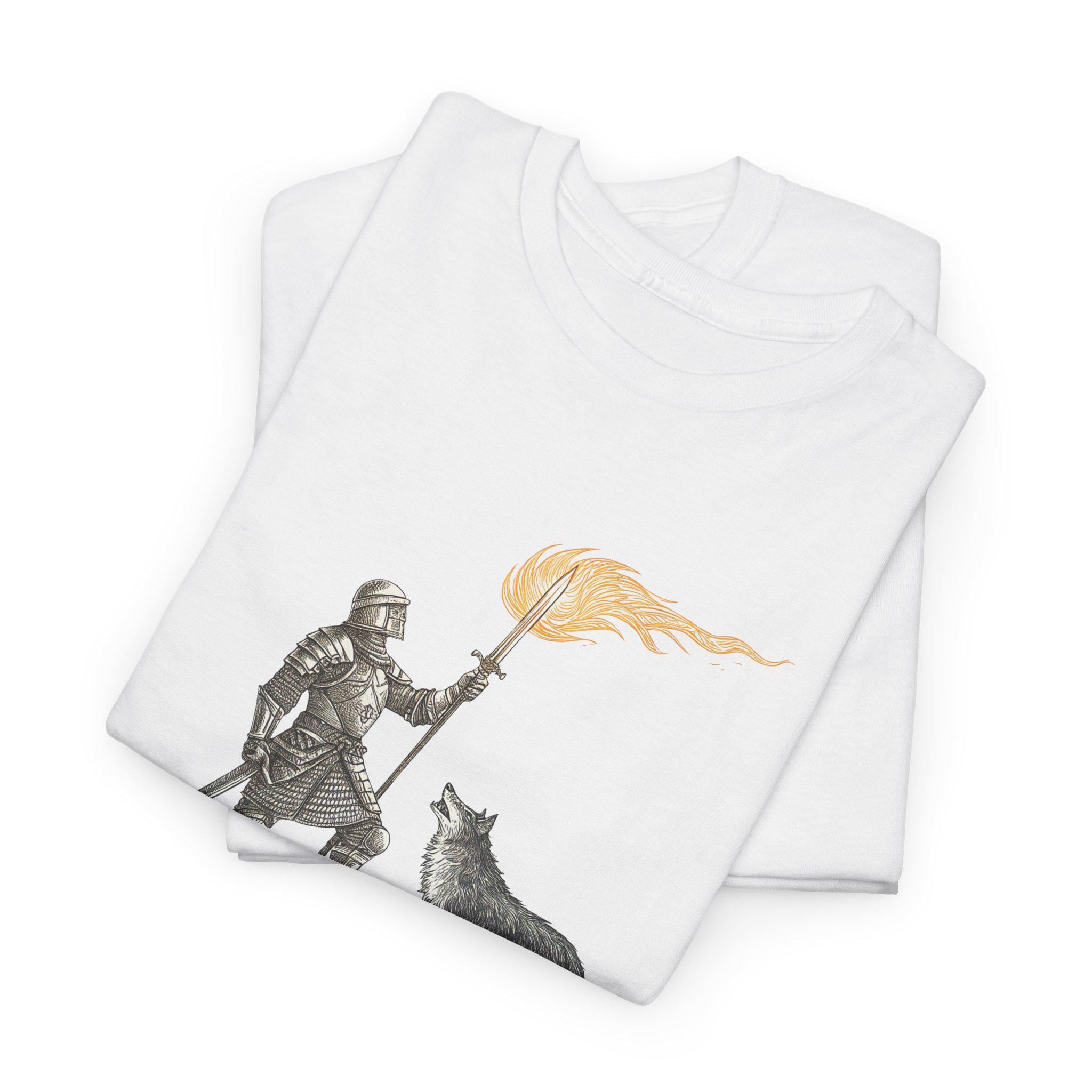 Fantasy Knight and Wolf Graphic Tee: Medieval Warrior Shirt