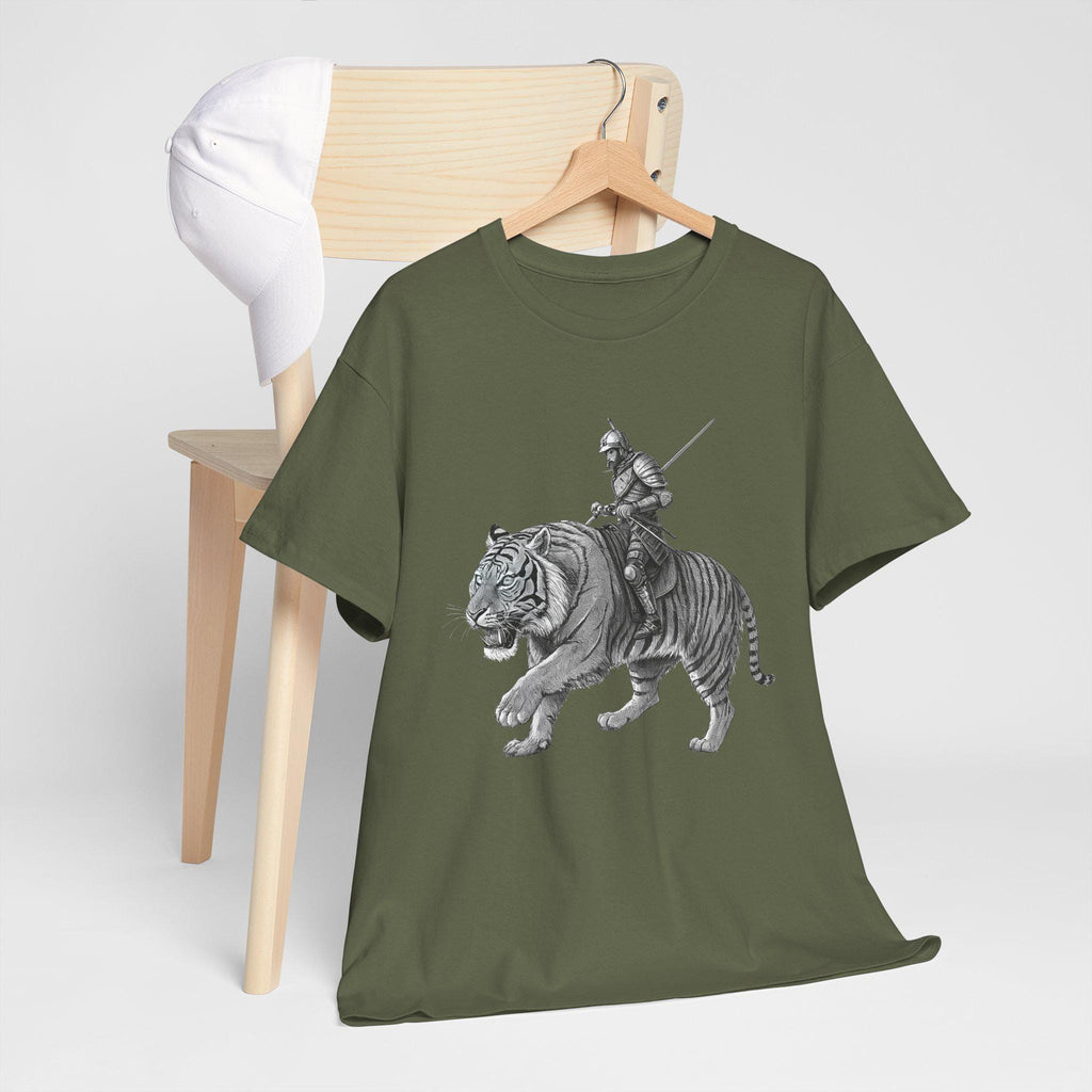 Fantasy Tiger Knight Graphic Tee: Medieval Rider Design