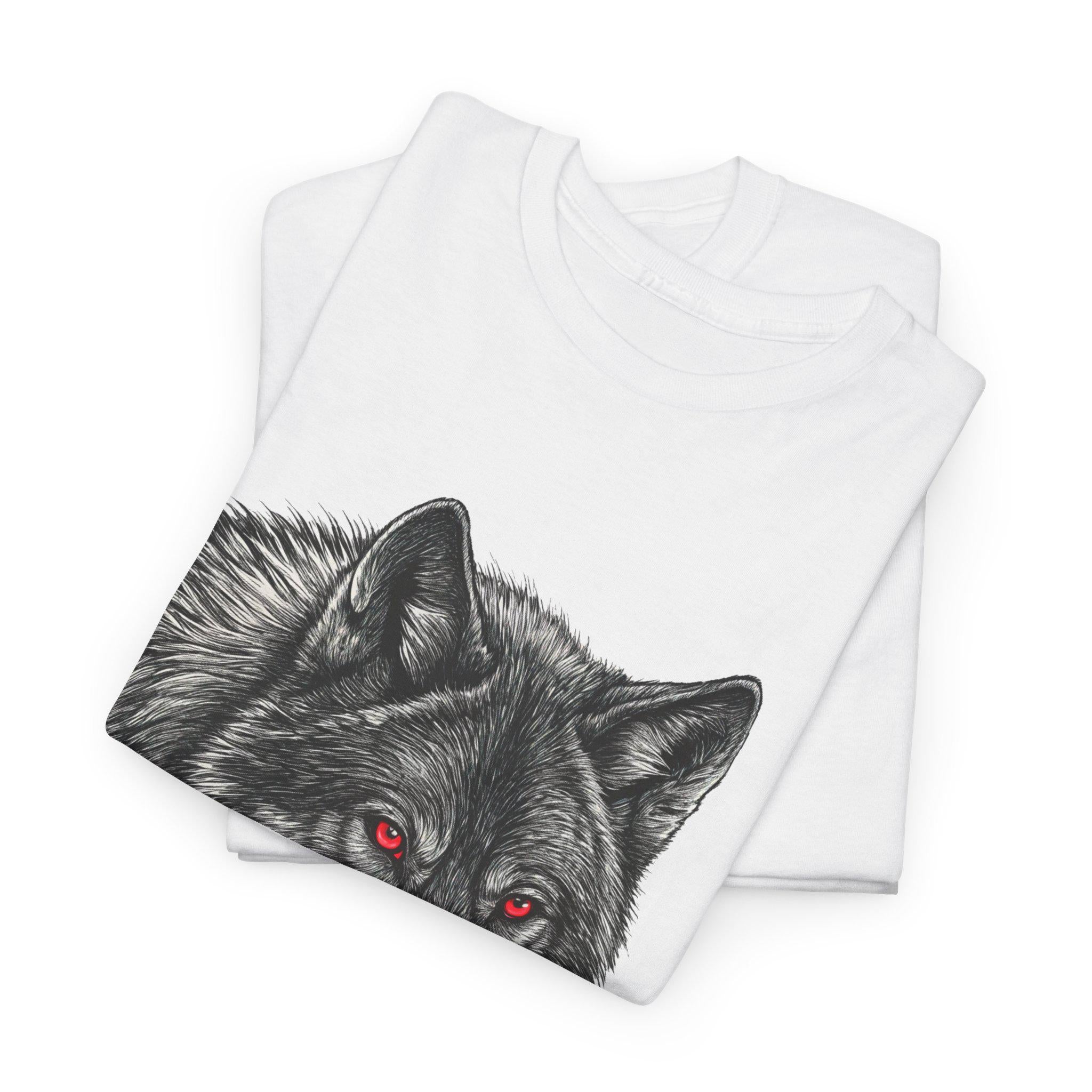 Gothic Wolf Graphic Tee: Hand-Drawn Red Eyes Fantasy Shirt