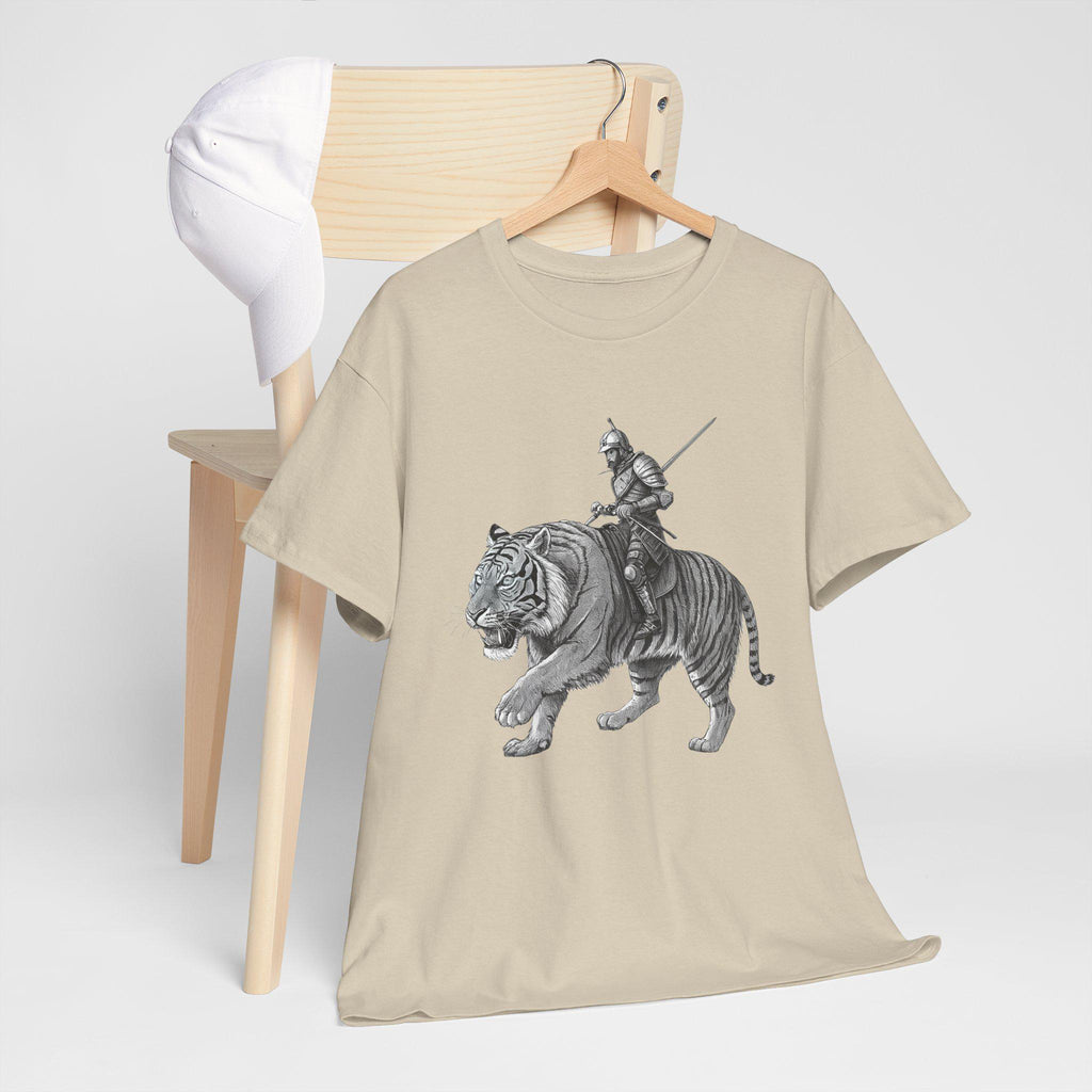 Fantasy Tiger Knight Graphic Tee: Medieval Rider Design