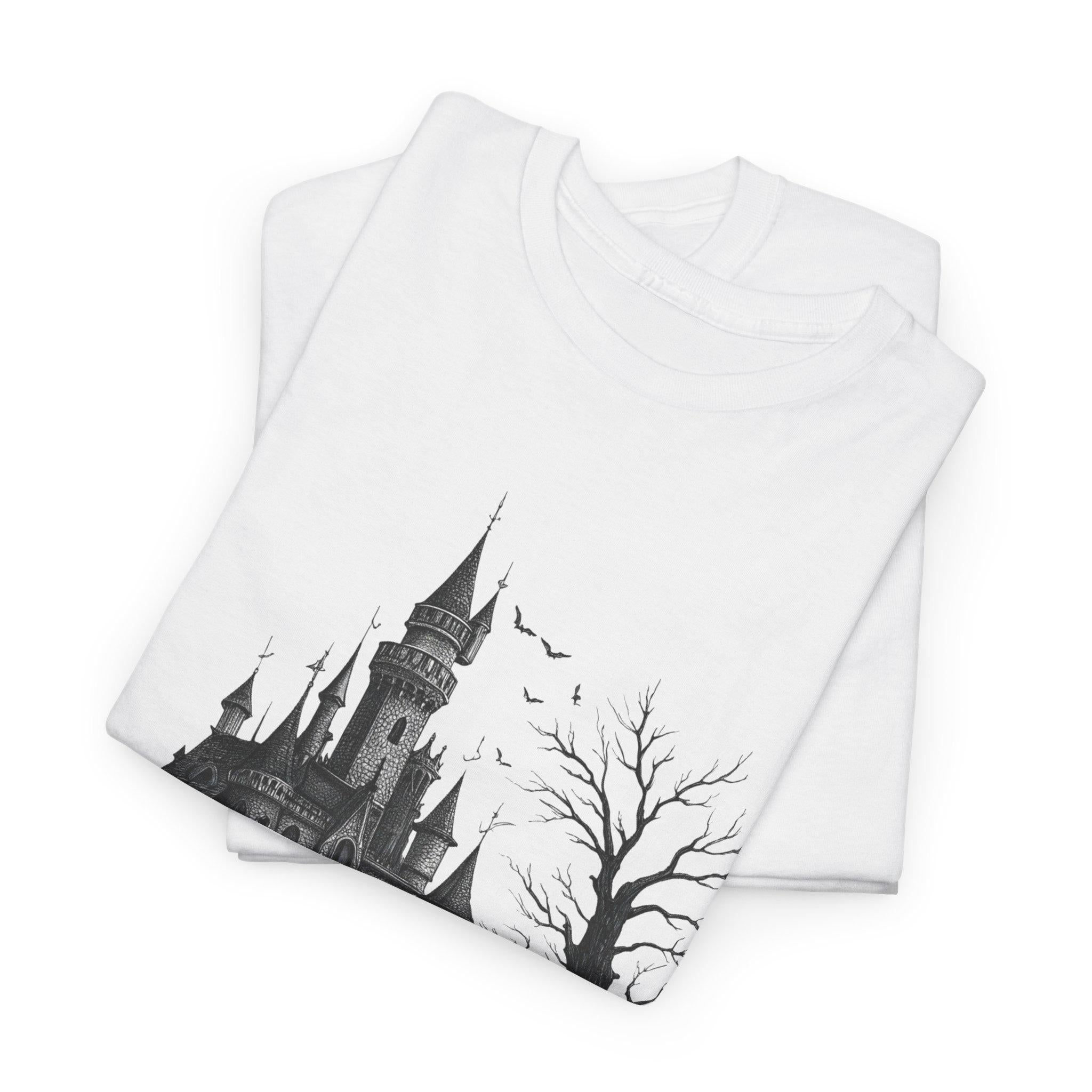 Gothic Castle Graphic Tee: Hand-Drawn Medieval Fantasy T-Shirt