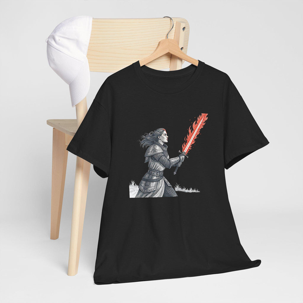 Female Knight Graphic Tee: Medieval Red Flame Sword, Fantasy Warrior