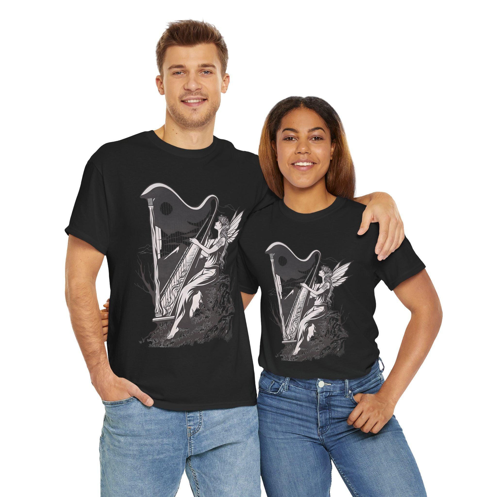 Angelic Fairy Harpist Graphic Tee: Vintage Gothic Fantasy Shirt