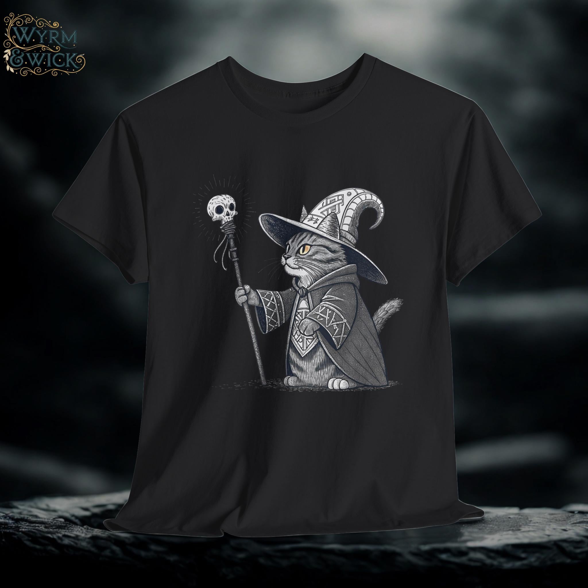 Necromancer Kitten Graphic Tee: Gothic Fantasy Cat Shirt